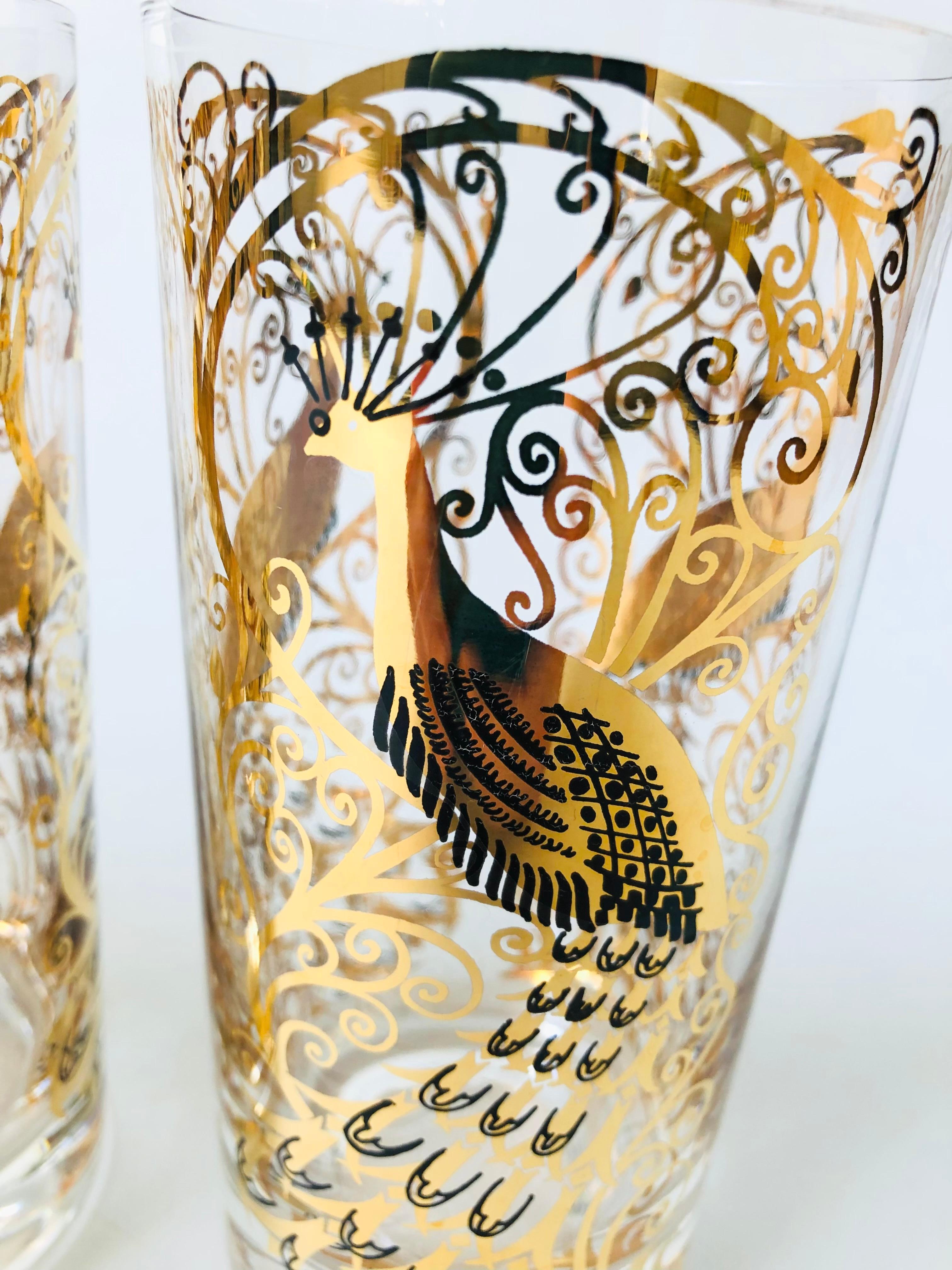 Glass Set of 4 Mid Century Gold Peacock Highball Tumblers by Osborne Kemper Thomas