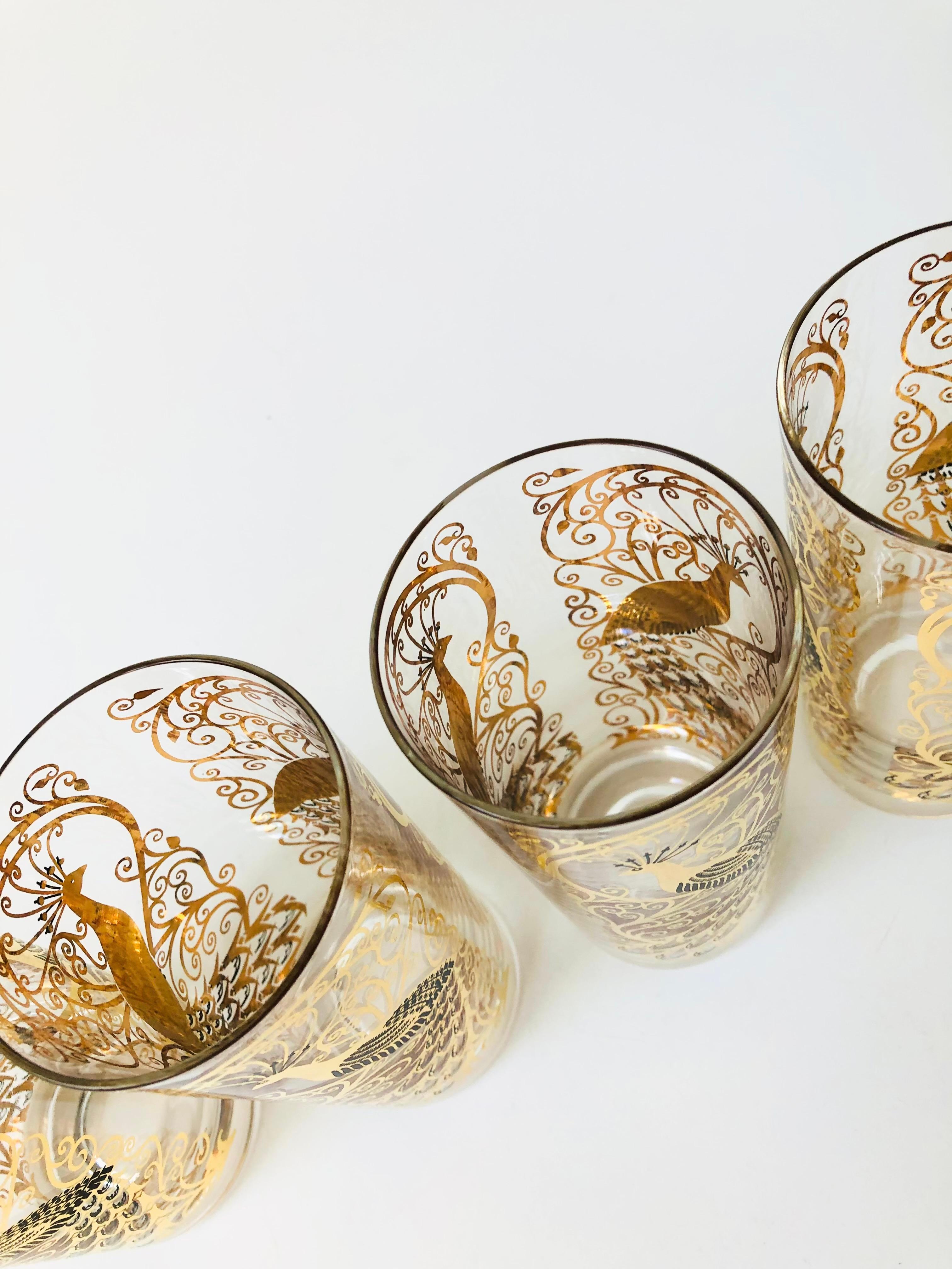 Set of 4 Mid Century Gold Peacock Highball Tumblers by Osborne Kemper Thomas 1