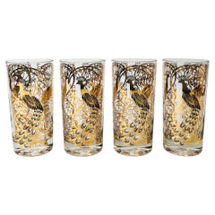 Set of 4 Mid Century Gold Peacock Highball Tumblers by Osborne Kemper Thomas