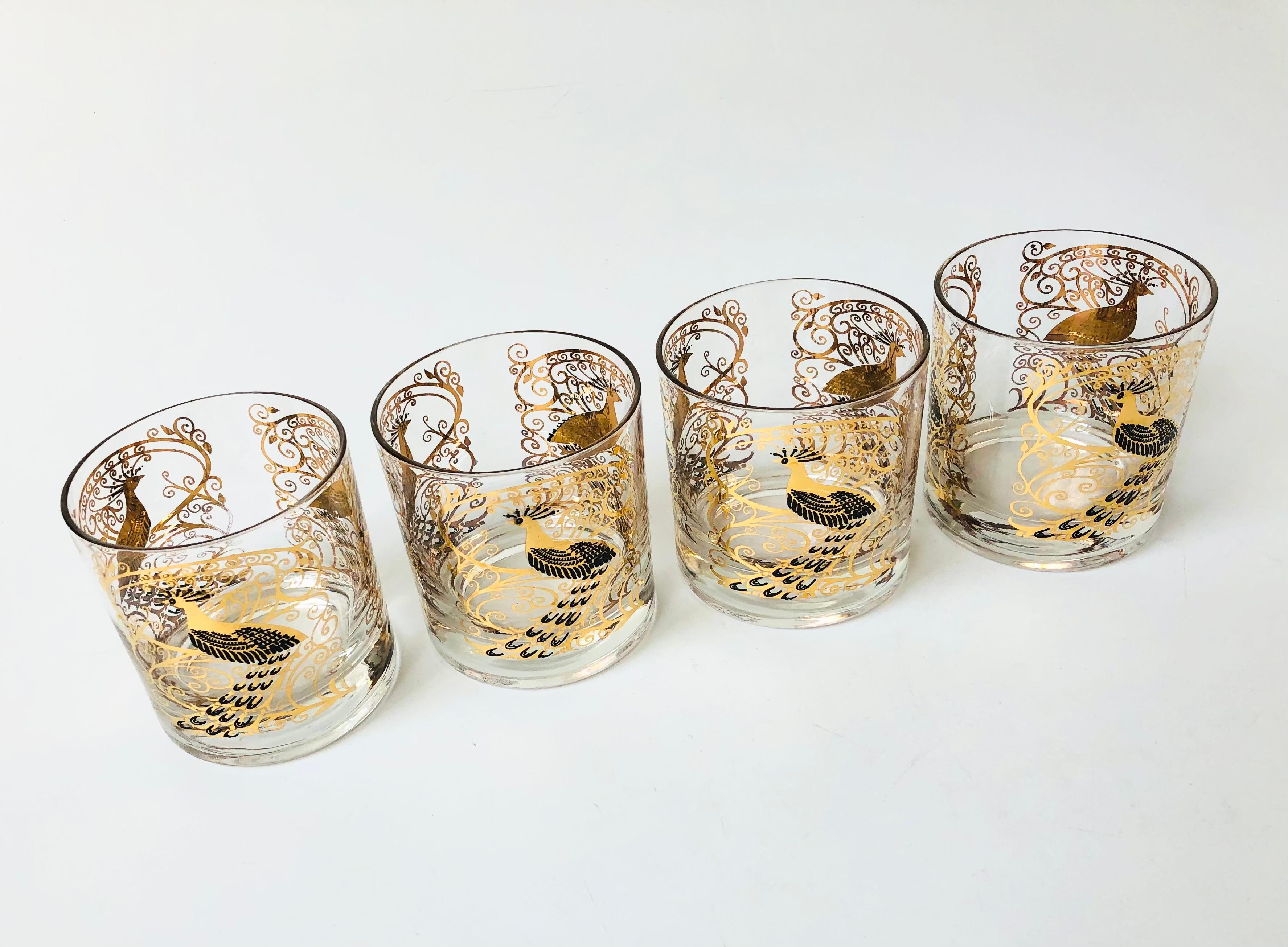 Hollywood Regency Set of 4 Mid Century Gold Peacock Lowball Tumblers by Osborne Kemper Thomas