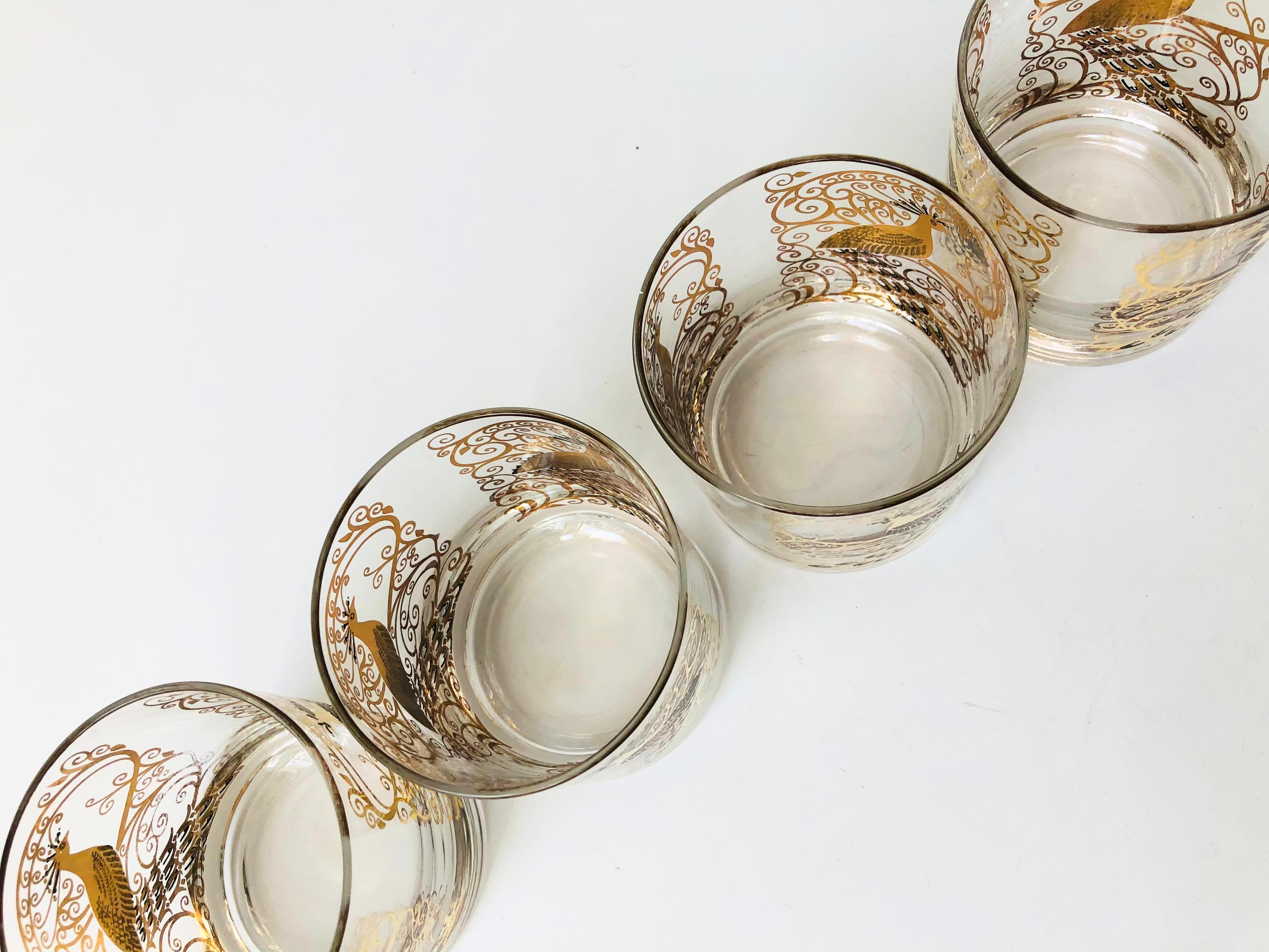 Set of 4 Mid Century Gold Peacock Lowball Tumblers by Osborne Kemper Thomas In Good Condition In Fairfield, CA
