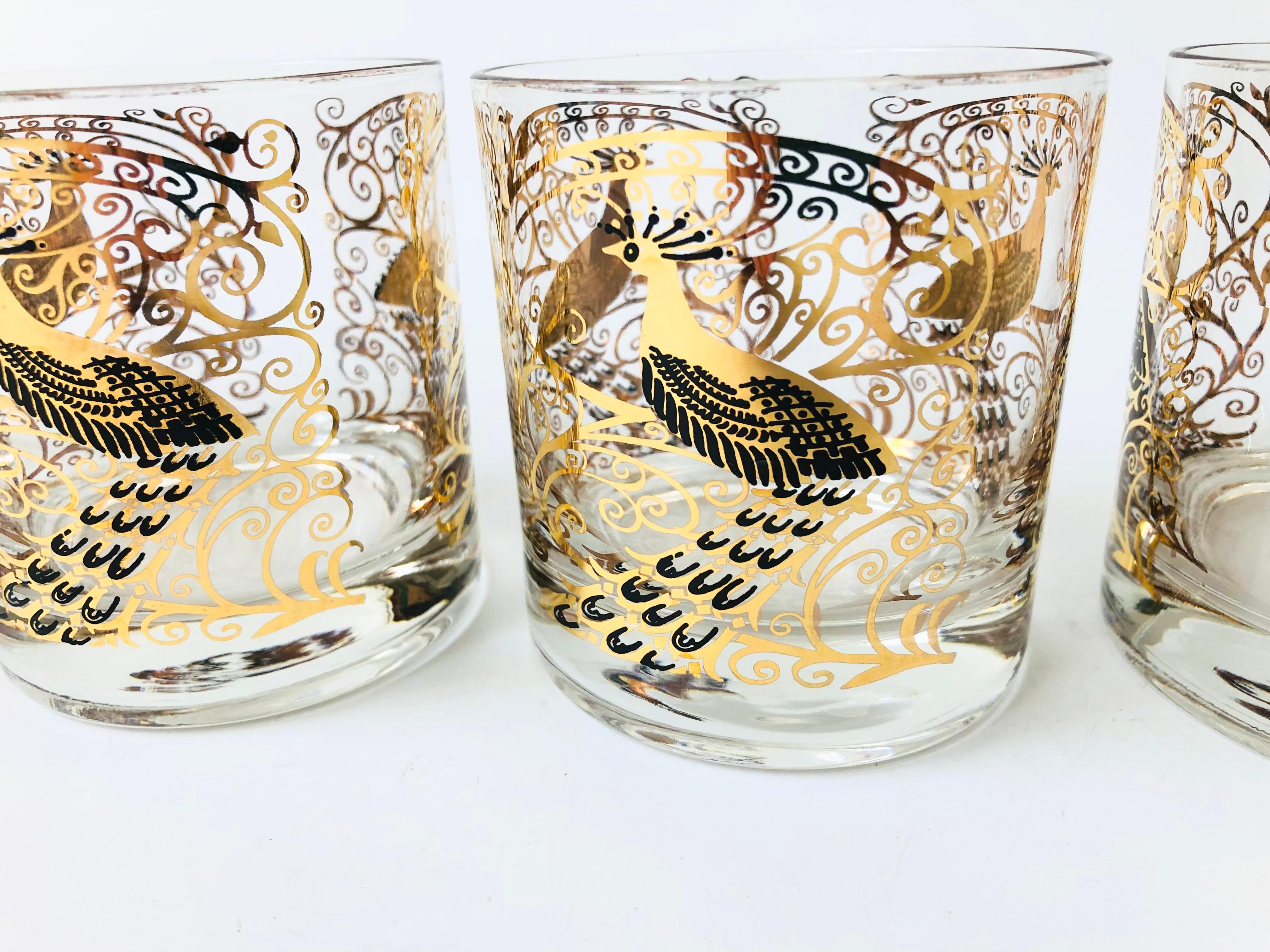 20th Century Set of 4 Mid Century Gold Peacock Lowball Tumblers by Osborne Kemper Thomas