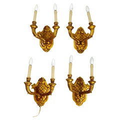 Set of 4 Mid-Century Hand-Carved Gilt Wood Wall Lamps 1960s