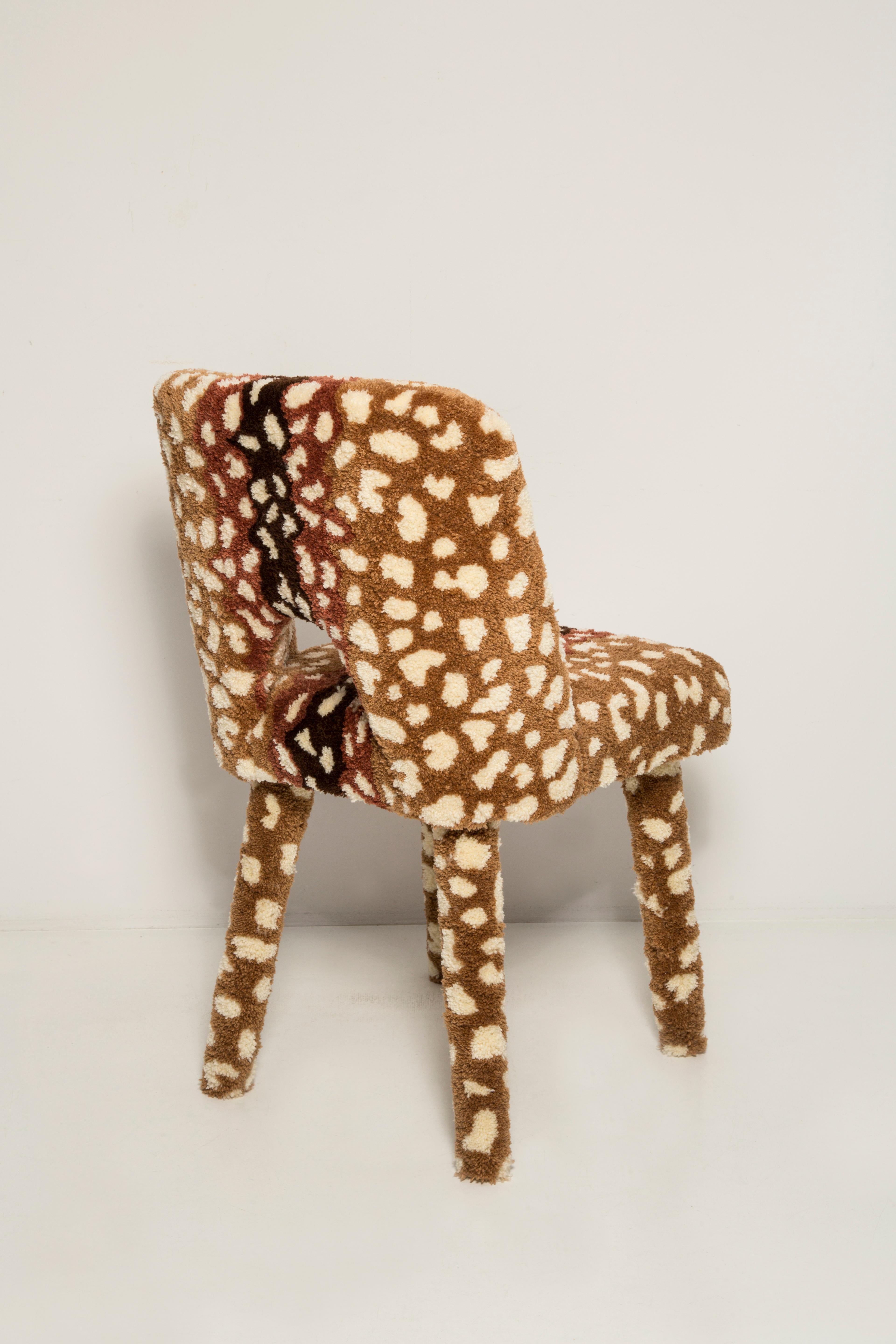 Polish Set of 4 Mid Century Hand Tufting Roe Deer Bambi Wool Shell Chairs, Europe 1960s For Sale