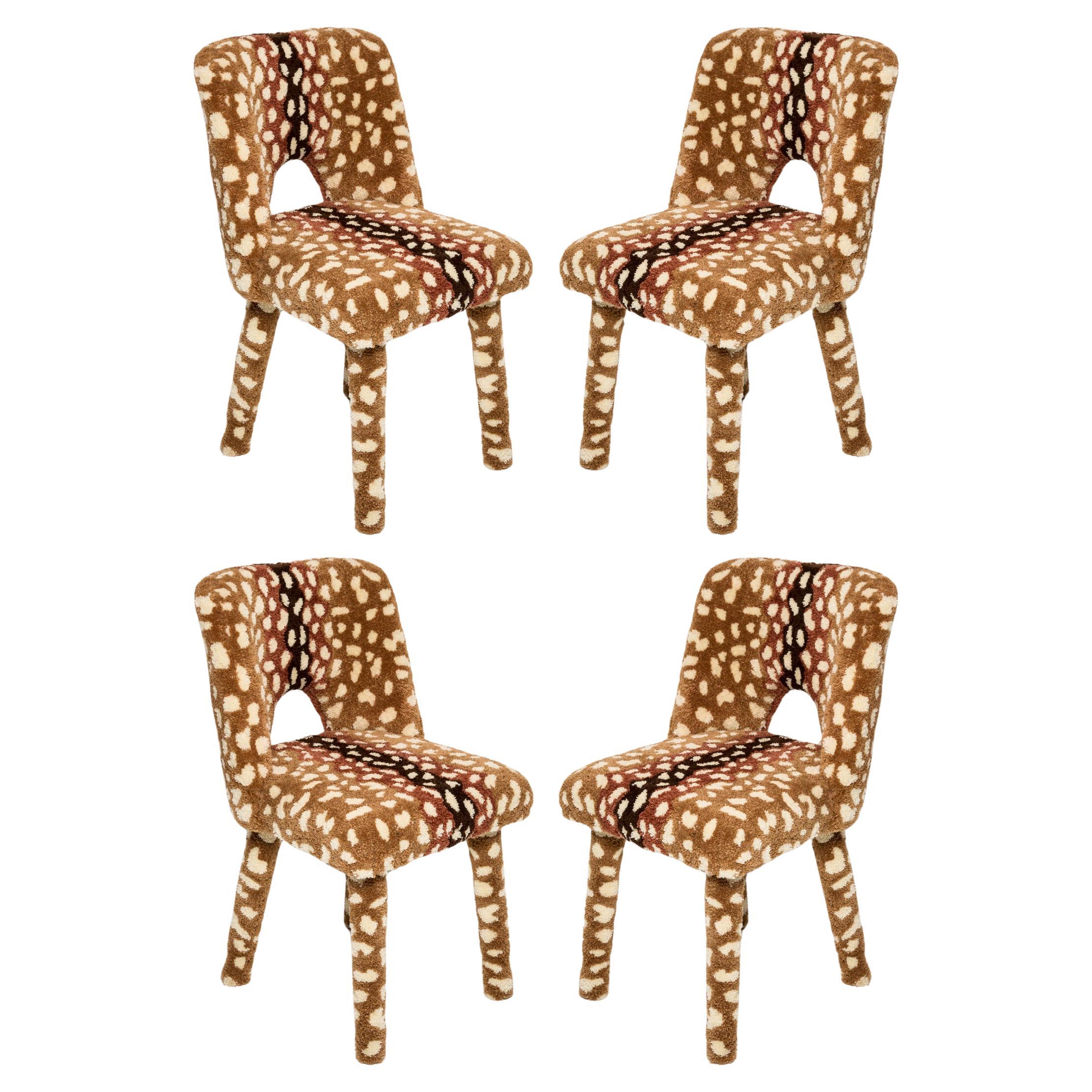 Set of 4 Mid Century Hand Tufting Roe Deer Bambi Wool Shell Chairs, Europe 1960s For Sale