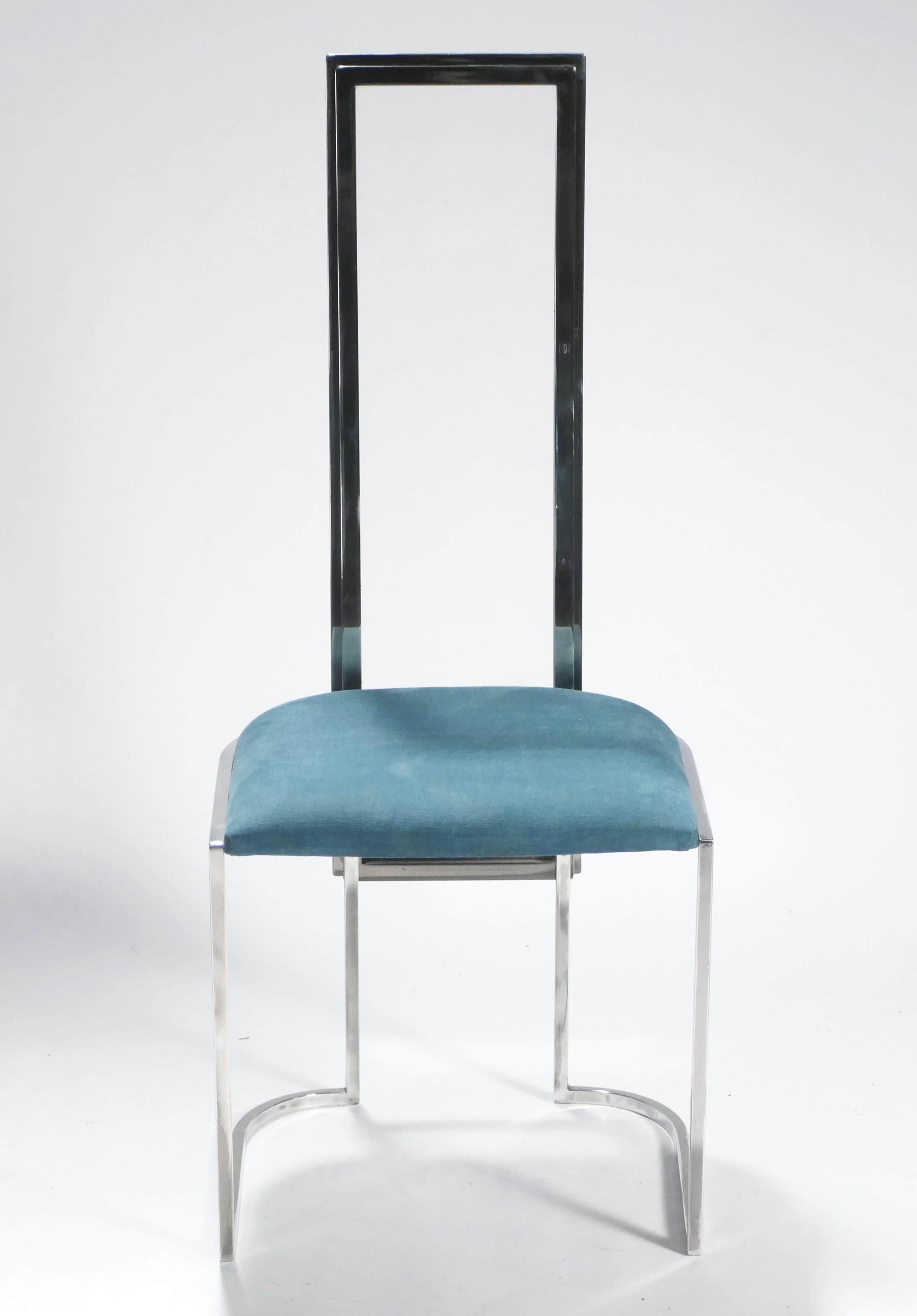 Shaped nickel metal and plexiglass Lucite form the base of these stylish Mid-Century Modern Italian chairs. The unmarred, shiny metal structure and brand-new teal upholstery in high-quality fabric mean this set has been maintained in very good