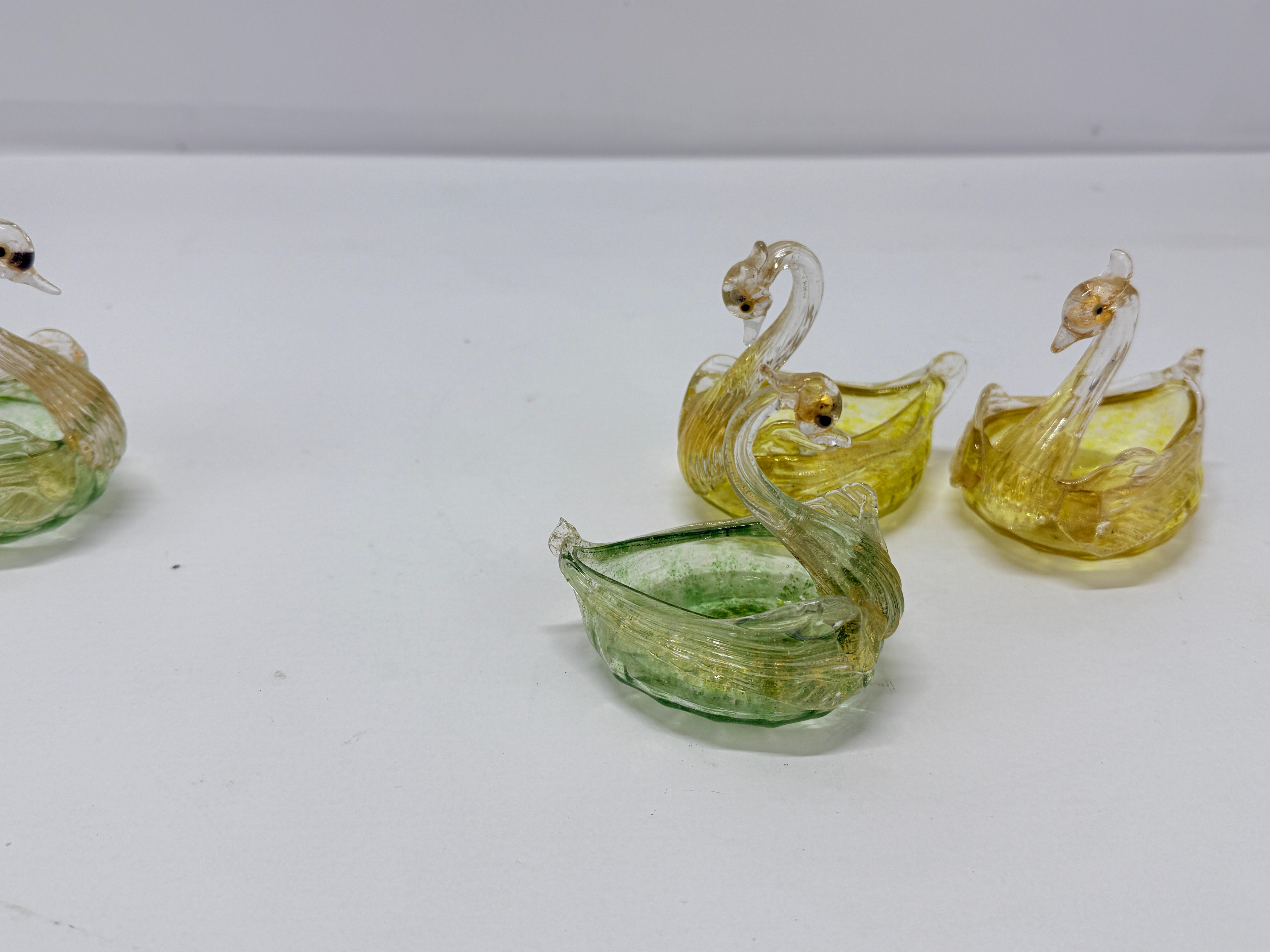 Victorian Set of 4, Mid Century Italian Murano Glass Swan Form Salt Cellars C. 1960 For Sale