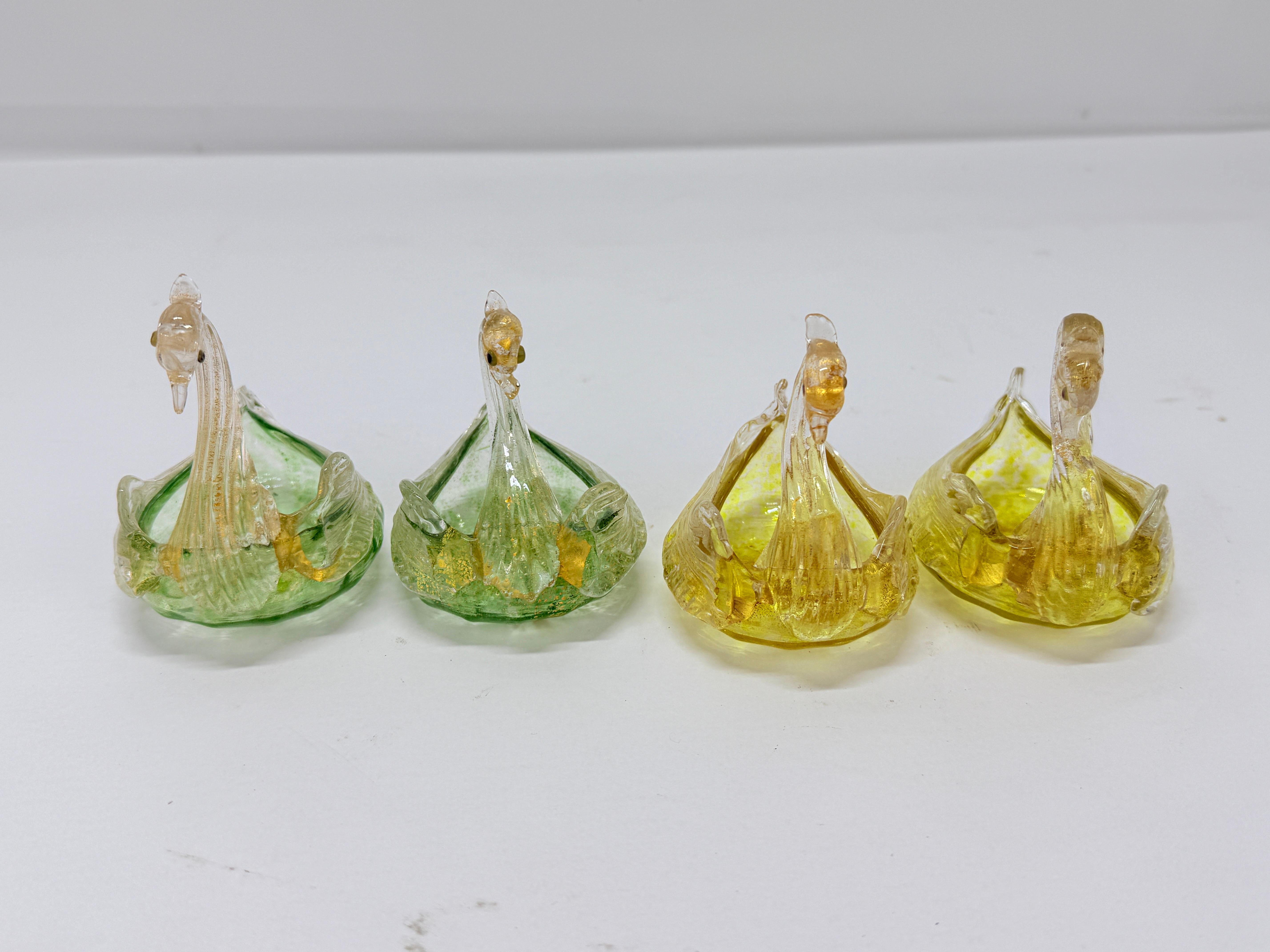 Art Glass Set of 4, Mid Century Italian Murano Glass Swan Form Salt Cellars C. 1960 For Sale