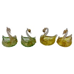 Set of 4, Mid Century Italian Murano Glass Swan Form Salt Cellars C. 1960