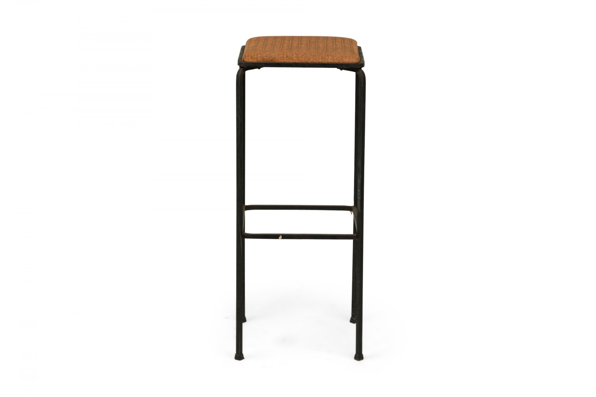 Set of 4 midcentury Italian square wrought iron frame bar stools with faux woven upholstered seats. (Manner of John Salterini)(Priced As Set)