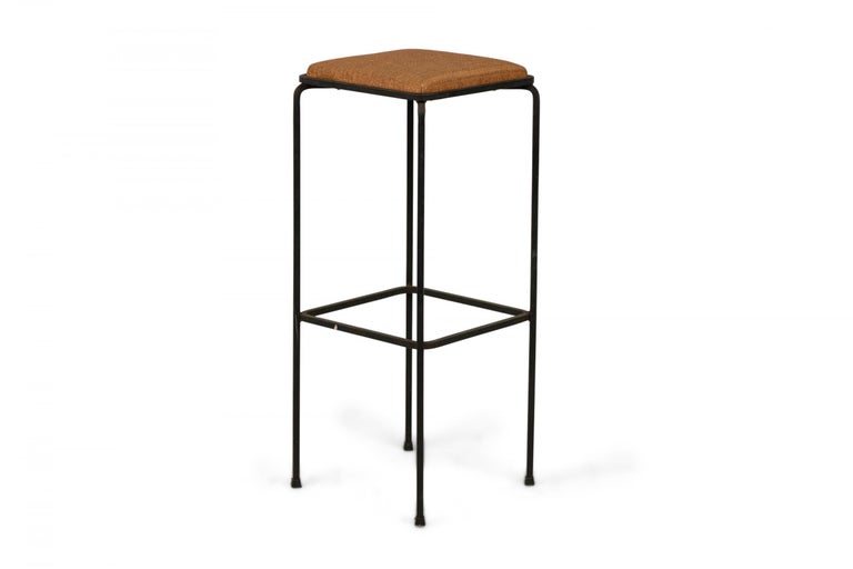 Set of 4 Midcentury Italian Square Wrought Iron Frame Bar Stools For