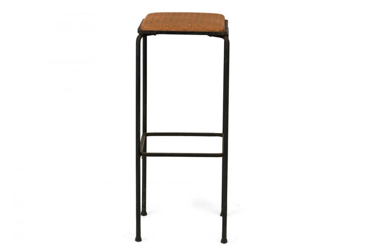 Set of 4 Midcentury Italian Square Wrought Iron Frame Bar Stools For