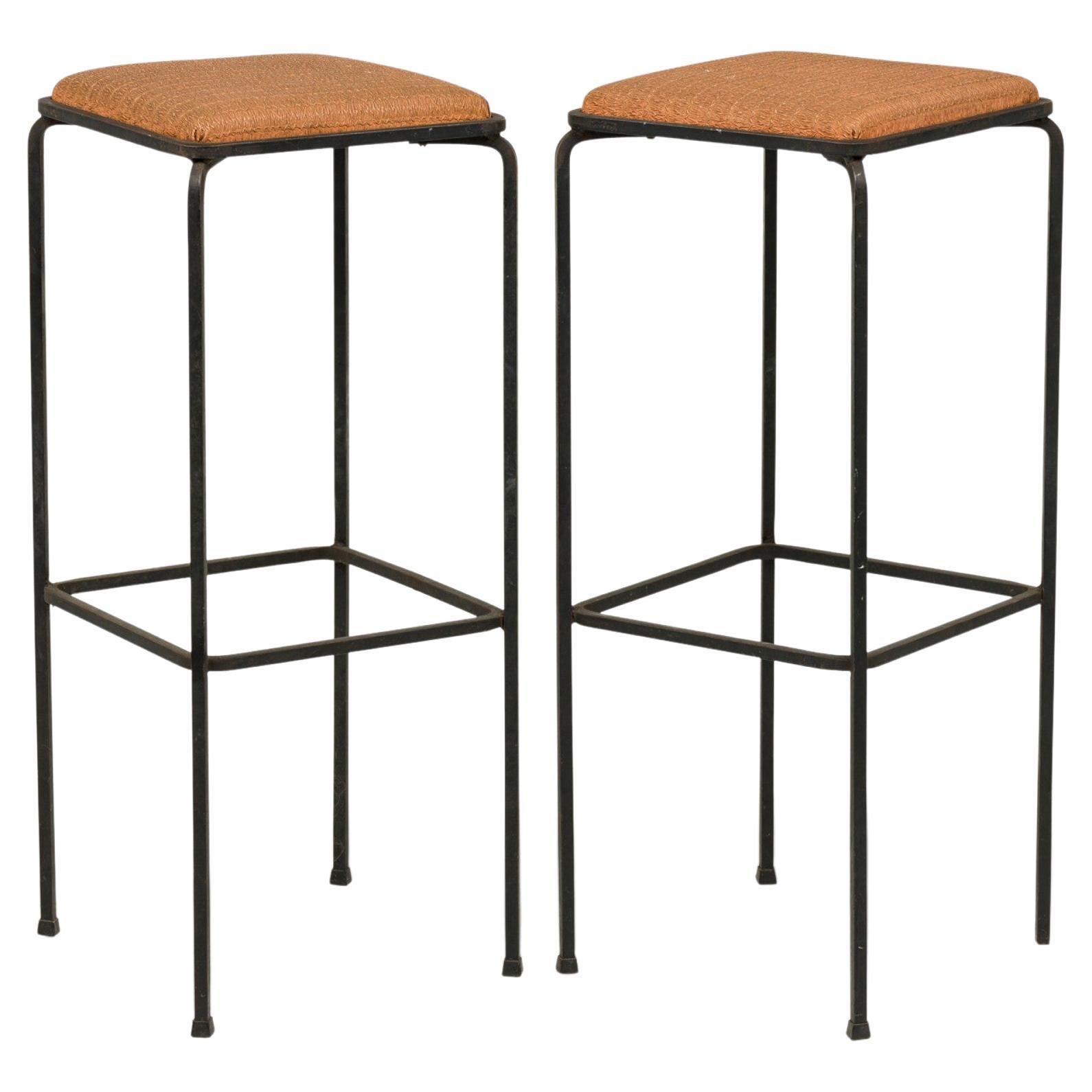 Set of 4 Midcentury Italian Square Wrought Iron Frame Bar Stools For Sale