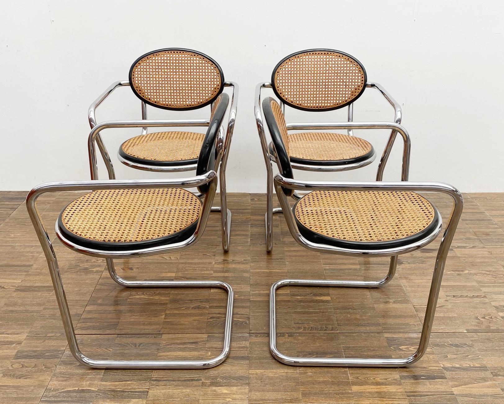 Set of 4 mid-century Italian tubular and caning chairs - 1970s.