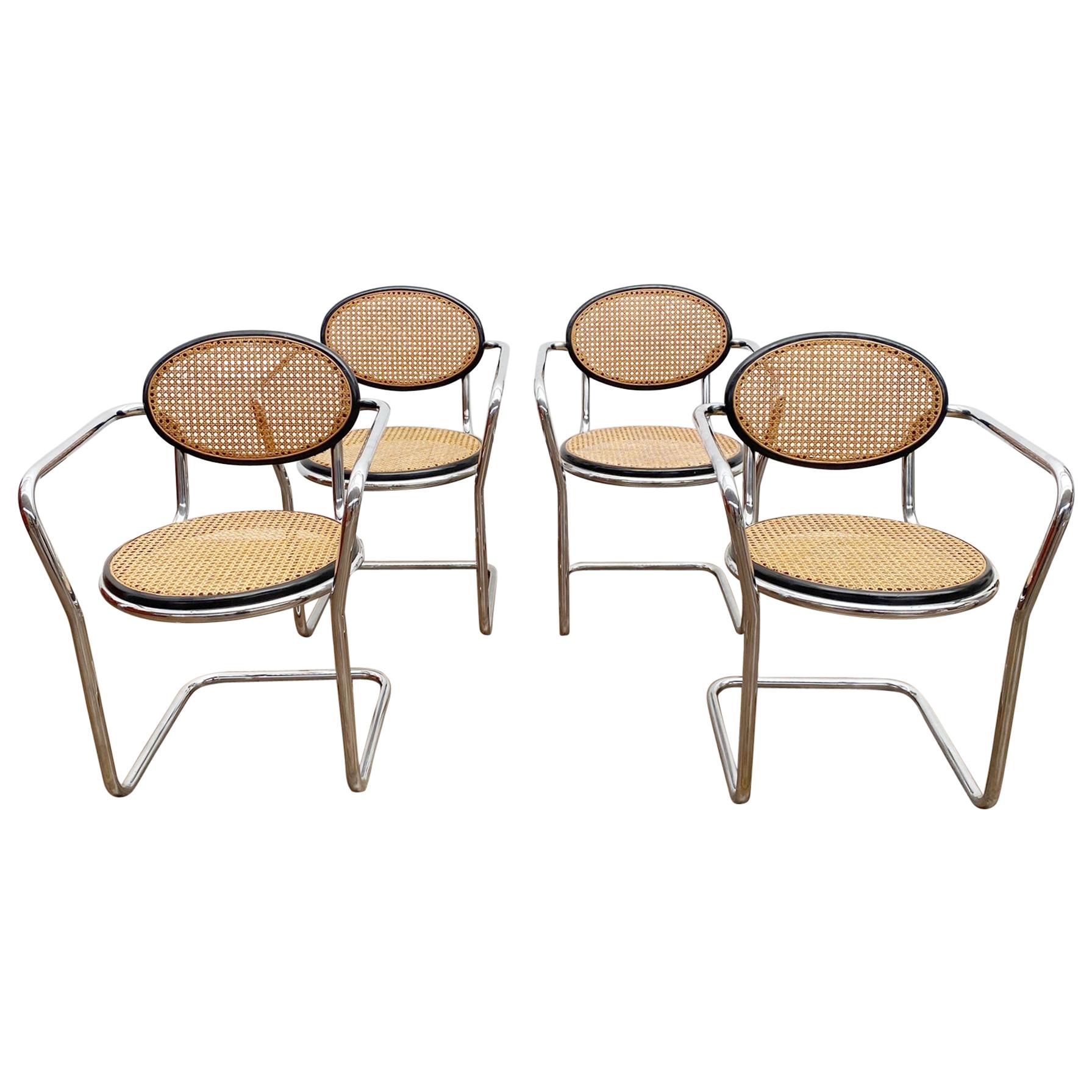 Set of 4 Mid-Century Italian Tubular and Caning Chairs, 1970s
