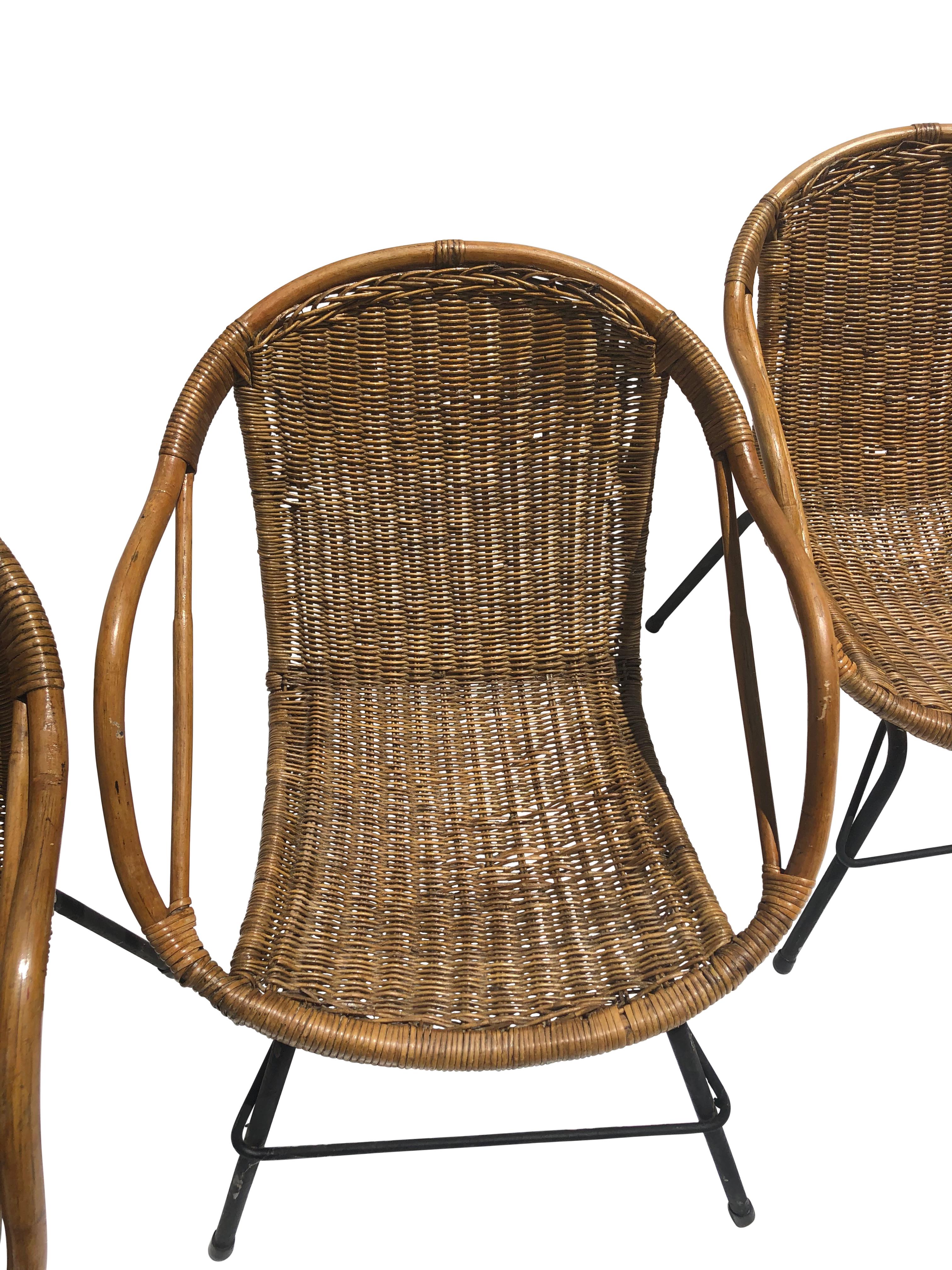 Mid-Century Modern Set of 4 Mid-Century Italian Wicker Bucket Chairs