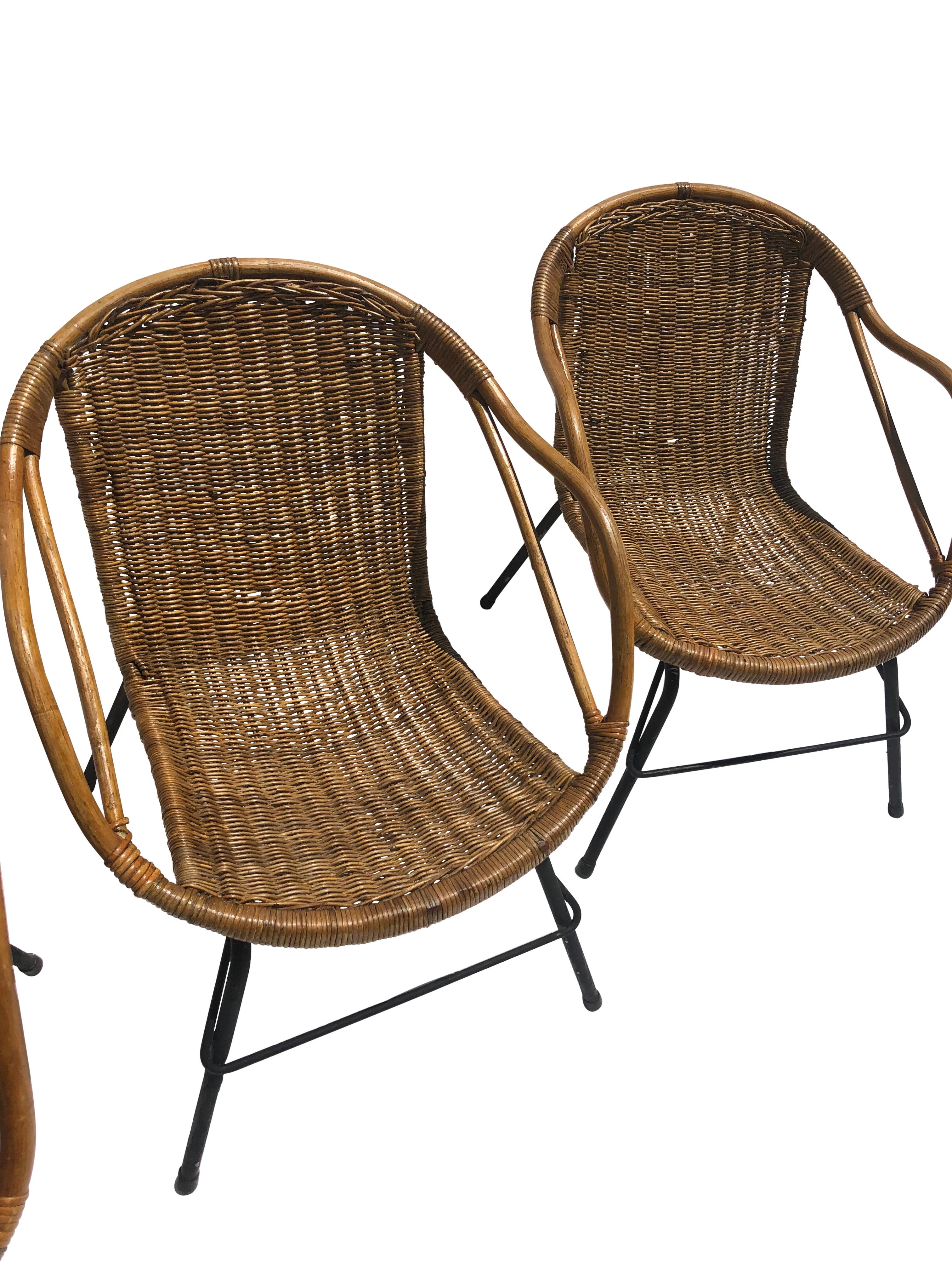 Hand-Crafted Set of 4 Mid-Century Italian Wicker Bucket Chairs
