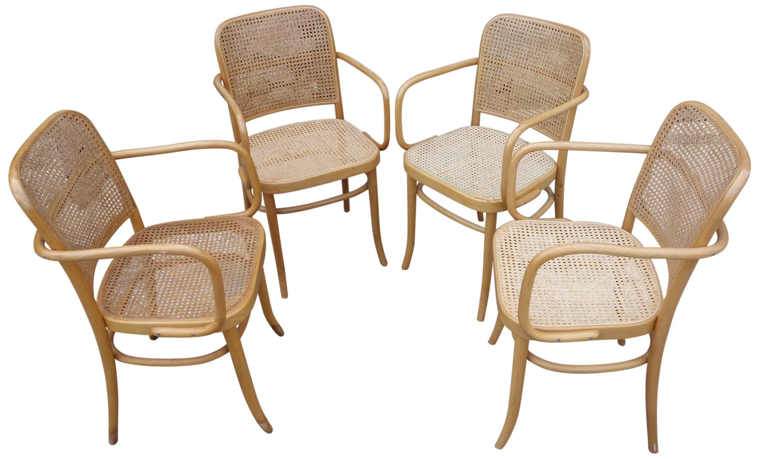 Very nice set of midcentury bentwood and cane chairs designed by Josef Frank and Josef Hoffmann produced by Thonet. Measures: Seat height is 18.25
