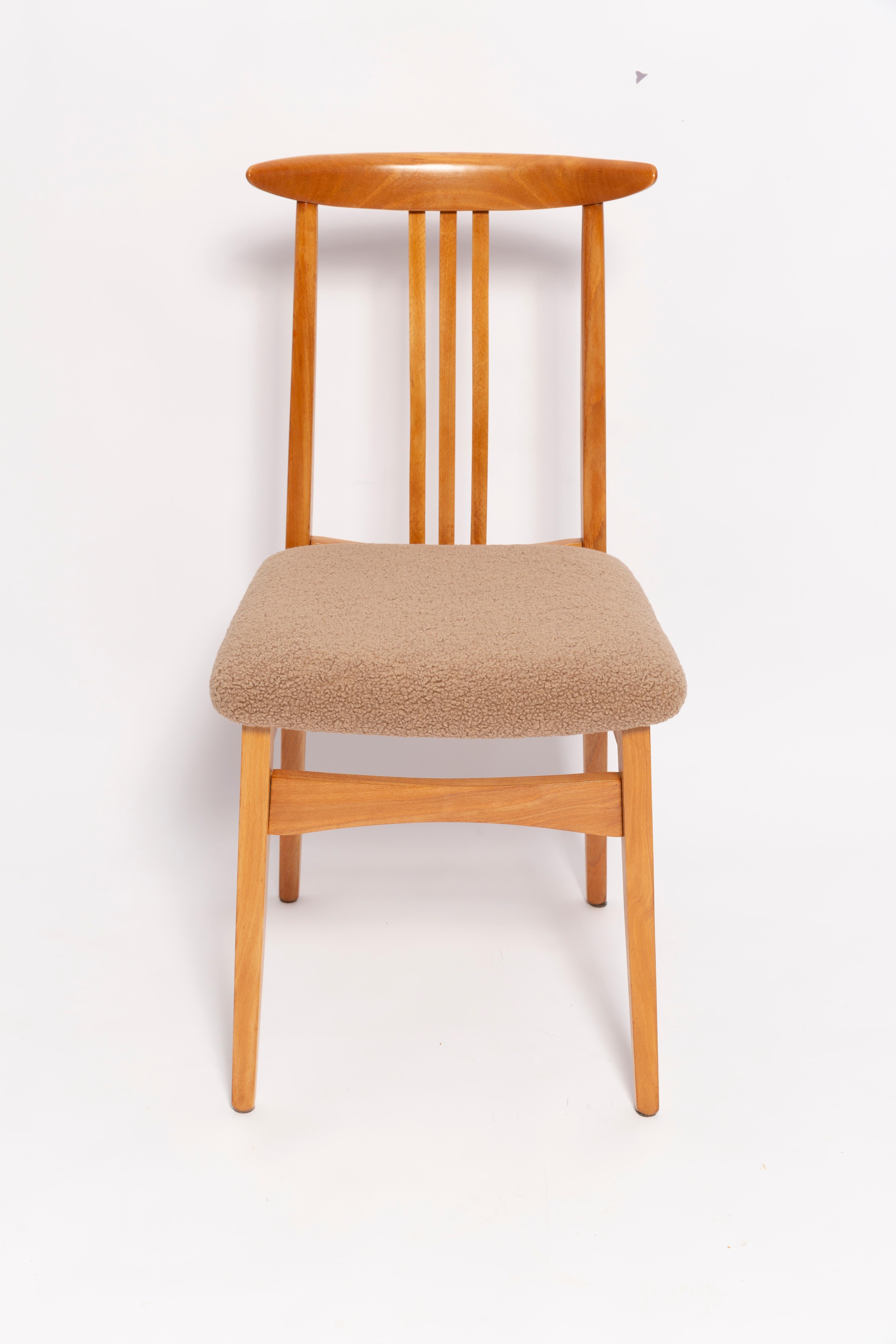 Polish Set of 4 Mid-Century Latte Boucle Chairs, Light Wood, M. Zielinski, Europe 1960s For Sale