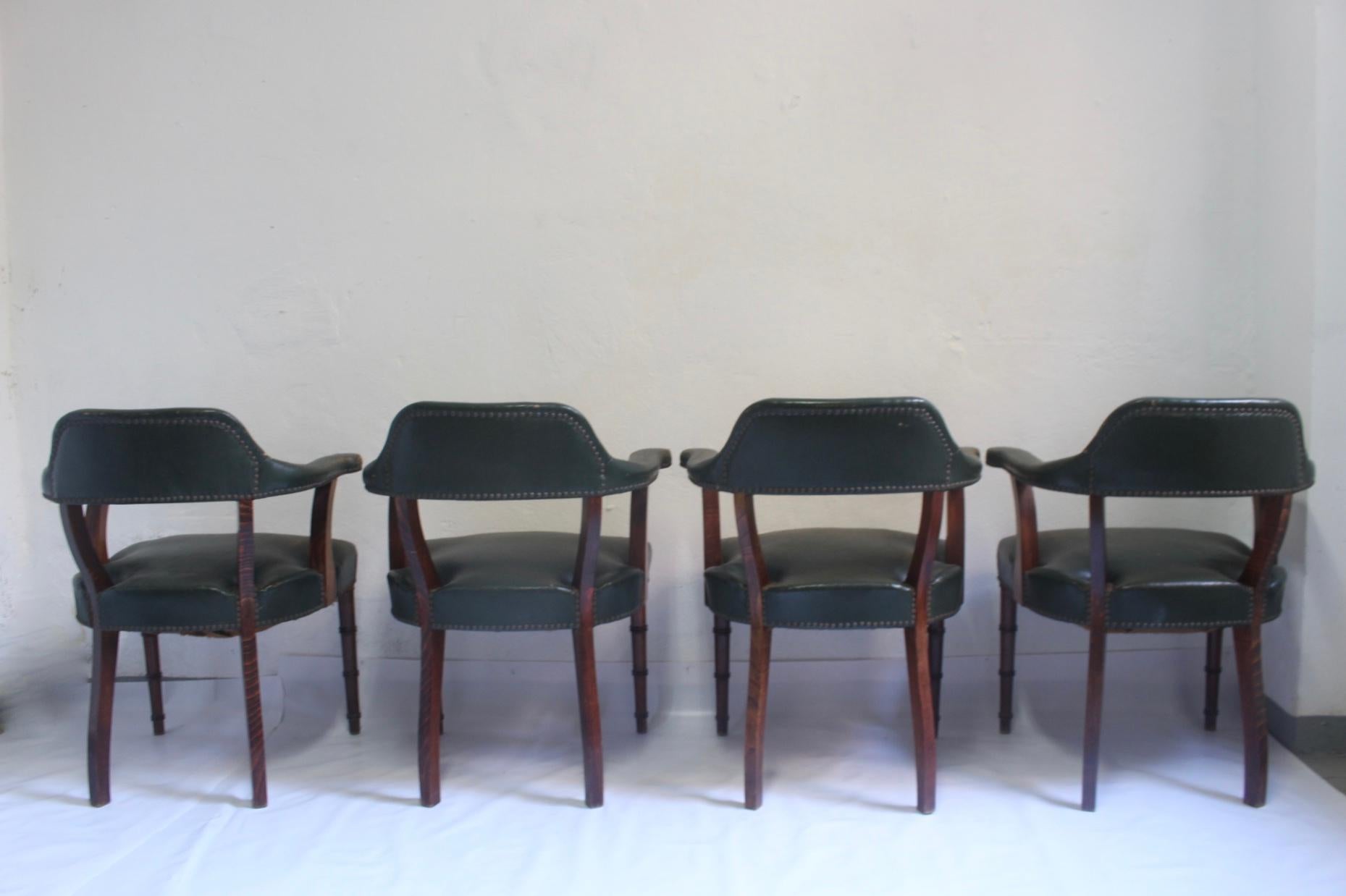 Mid-Century Modern  Set of 4 Midcentury Leather and Oak Armchair with Faux Bamboo Design For Sale