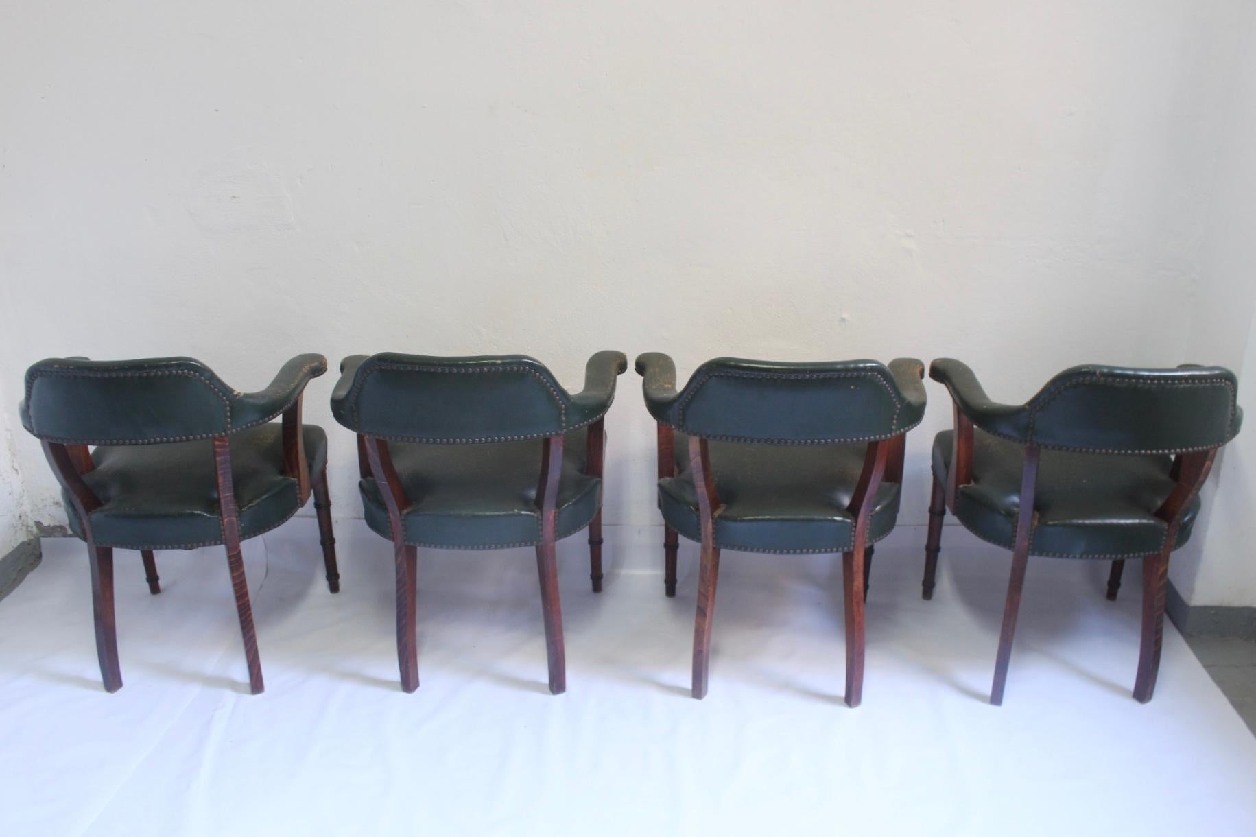 Spanish  Set of 4 Midcentury Leather and Oak Armchair with Faux Bamboo Design For Sale