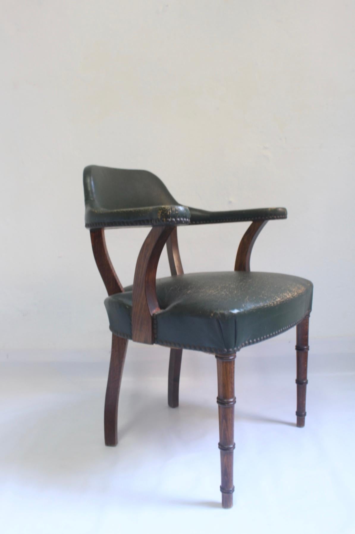 Mid-20th Century  Set of 4 Midcentury Leather and Oak Armchair with Faux Bamboo Design For Sale