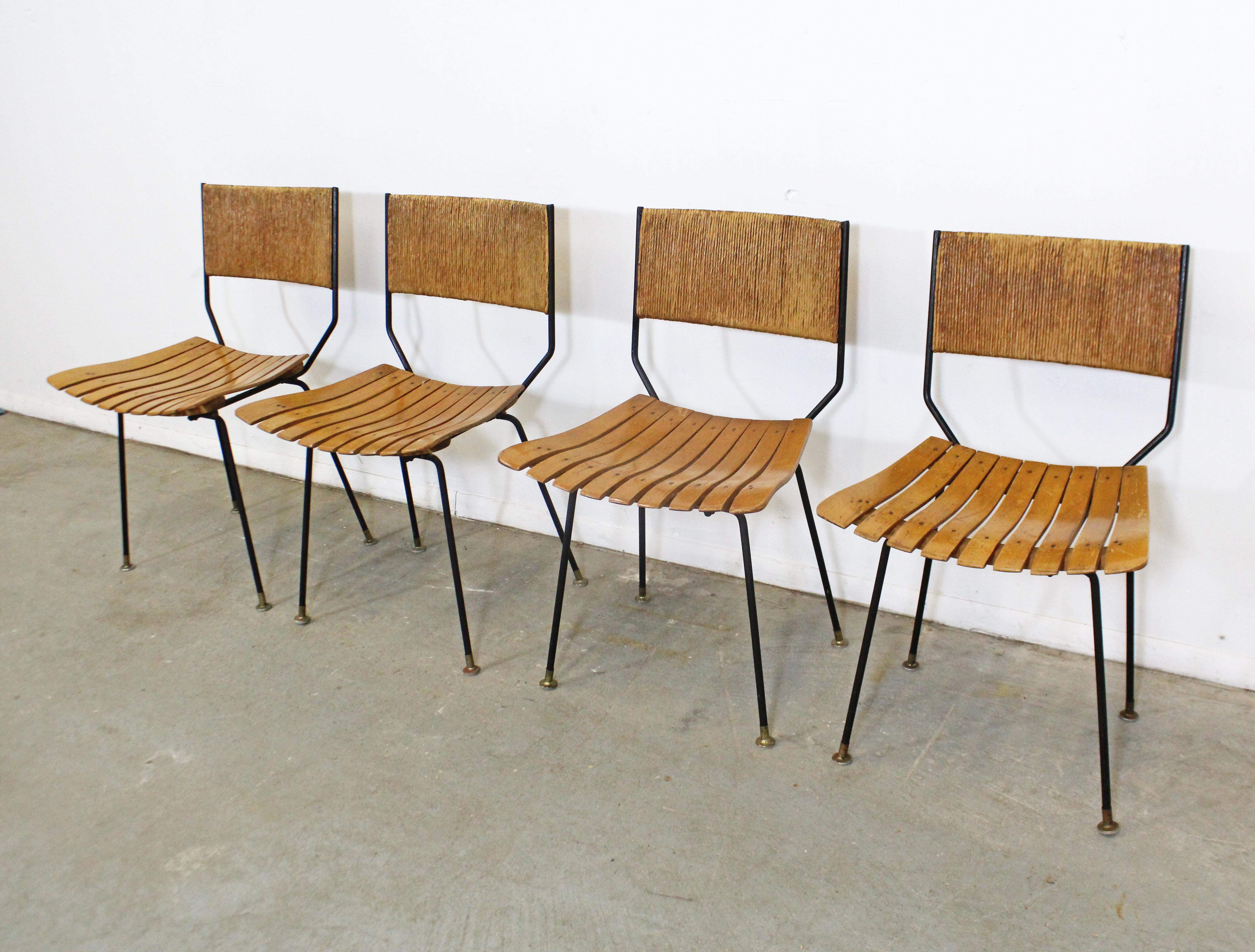 Unknown Set of 4 Mid-Century Modern Arthur Umanoff Rush Back Slat Seat Dining Chairs