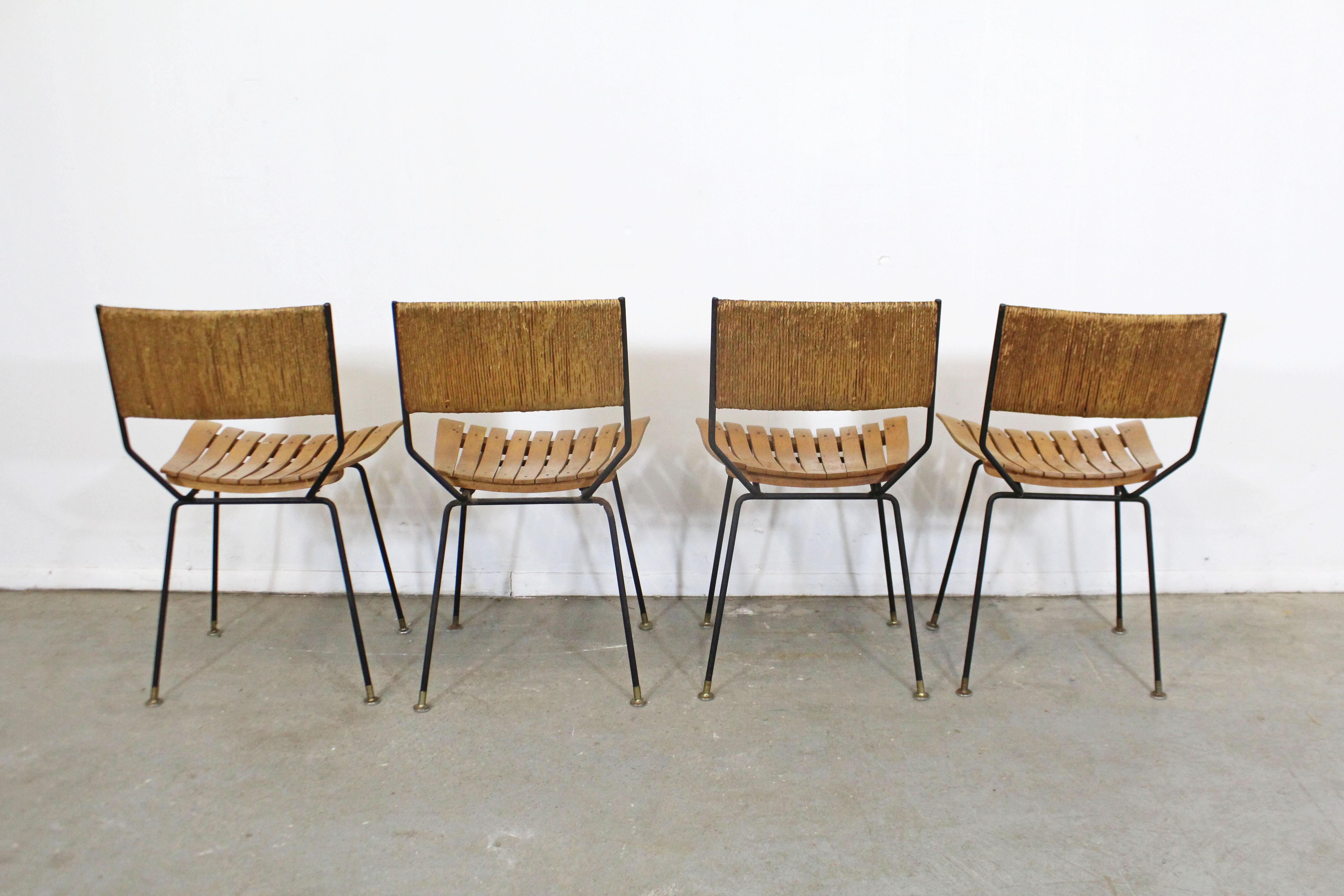 20th Century Set of 4 Mid-Century Modern Arthur Umanoff Rush Back Slat Seat Dining Chairs