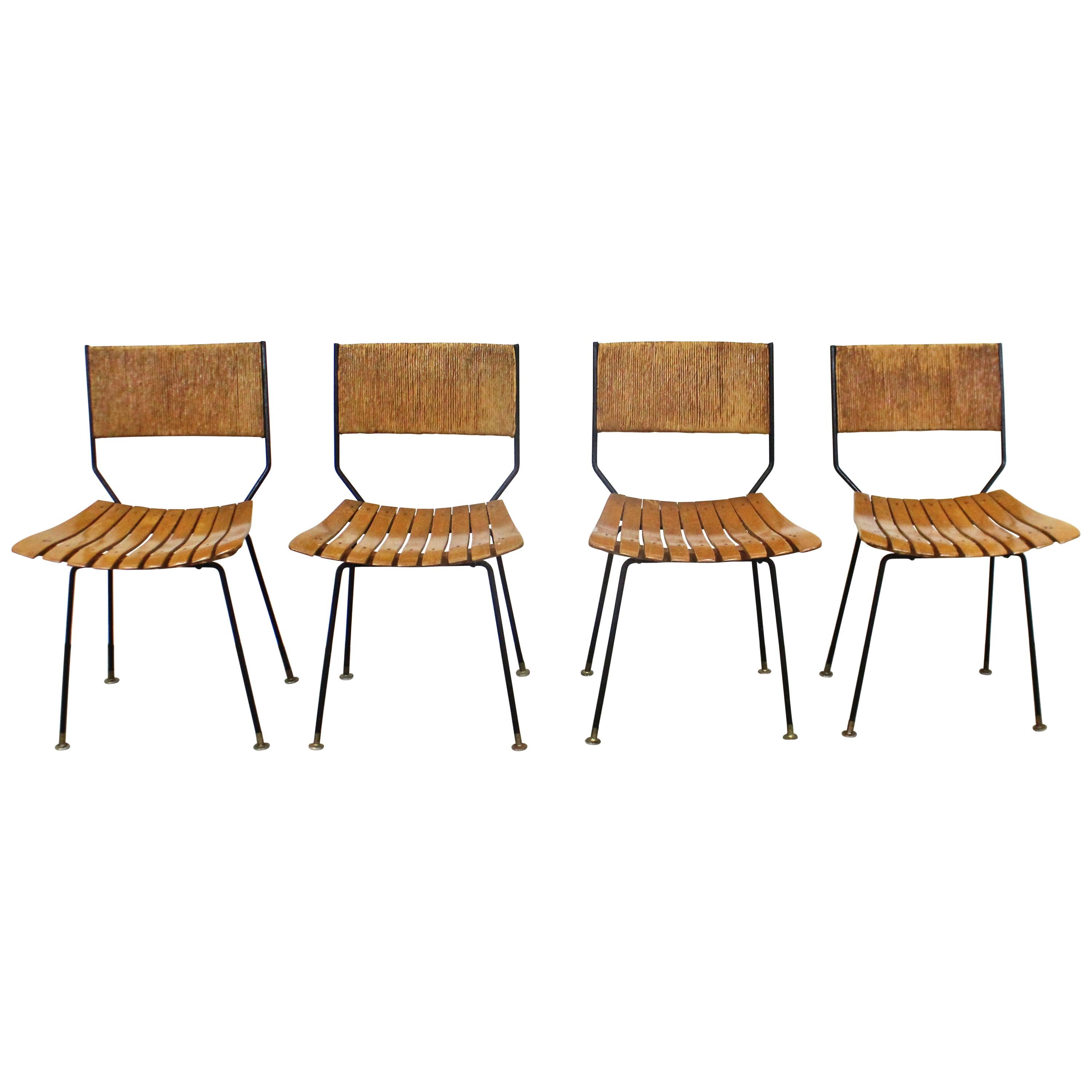 Set of 4 Mid-Century Modern Arthur Umanoff Rush Back Slat Seat Dining Chairs