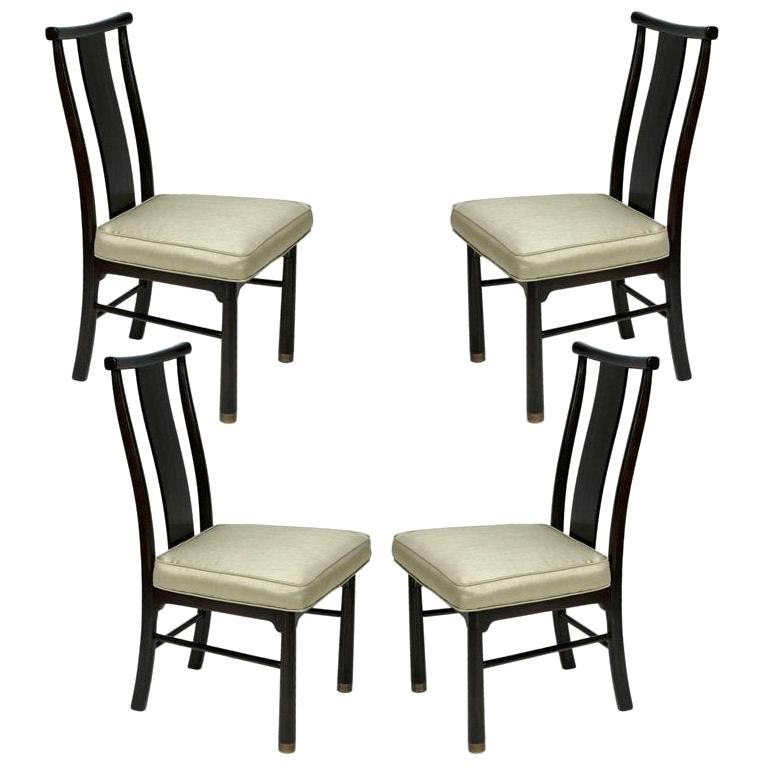 Lot de 4 chaises latérales de salle à manger Henredon:: style asiatique moderne du milieu du siècle:: brun foncé en vente
