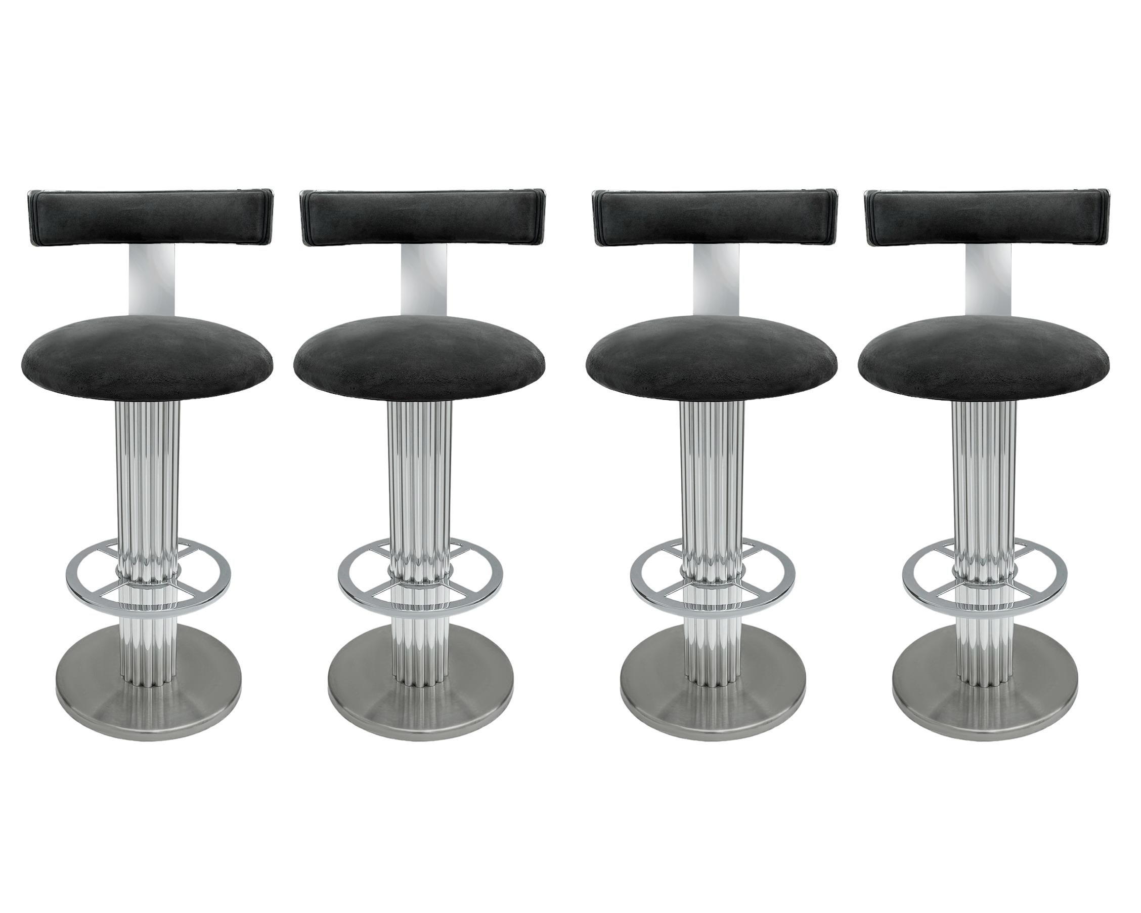 American Set of 4 Mid-Century Modern Bar Stools in Chrome & Grey by Design For Leisure For Sale