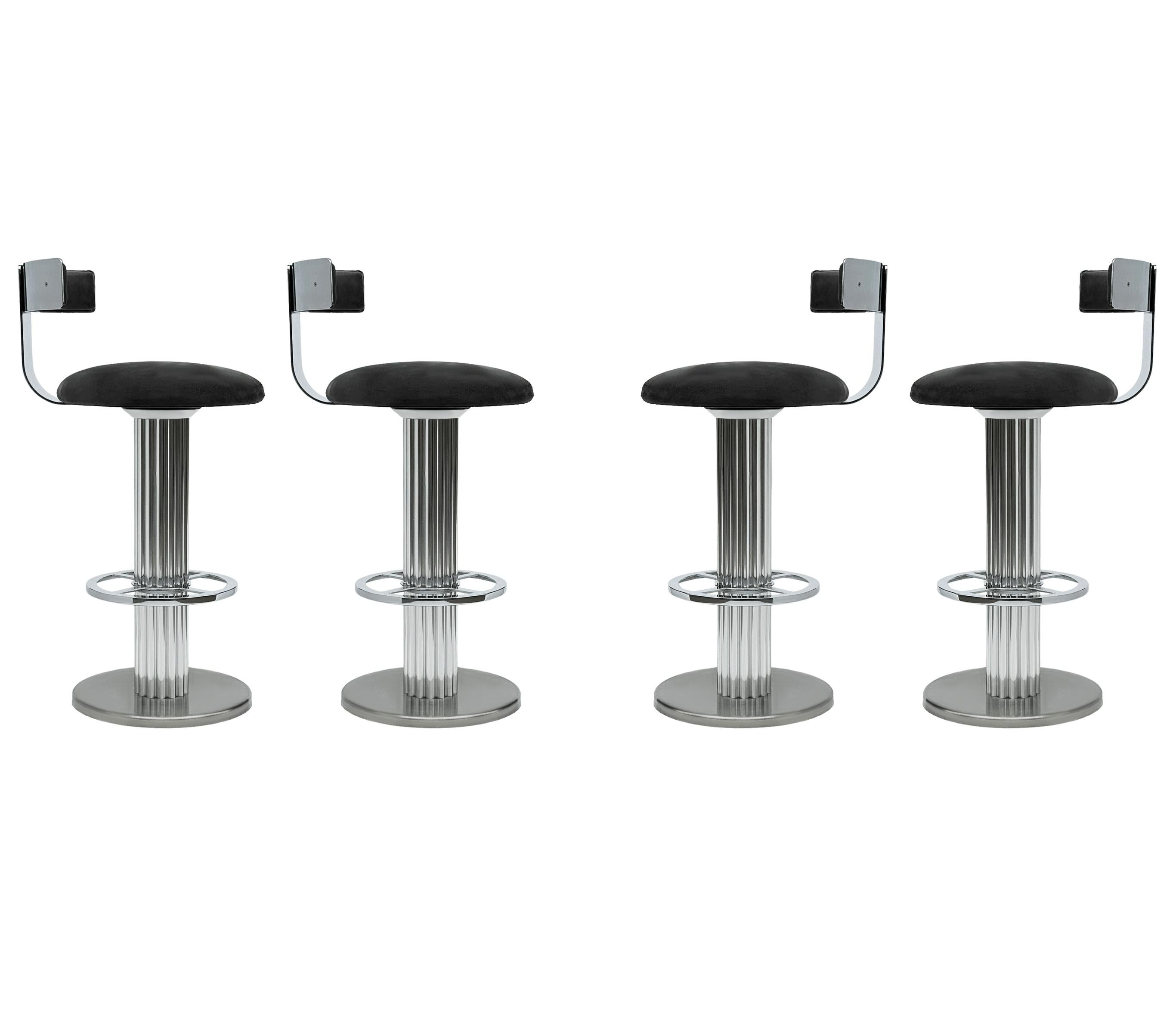 Set of 4 Mid-Century Modern Bar Stools in Chrome & Grey by Design For Leisure For Sale 1