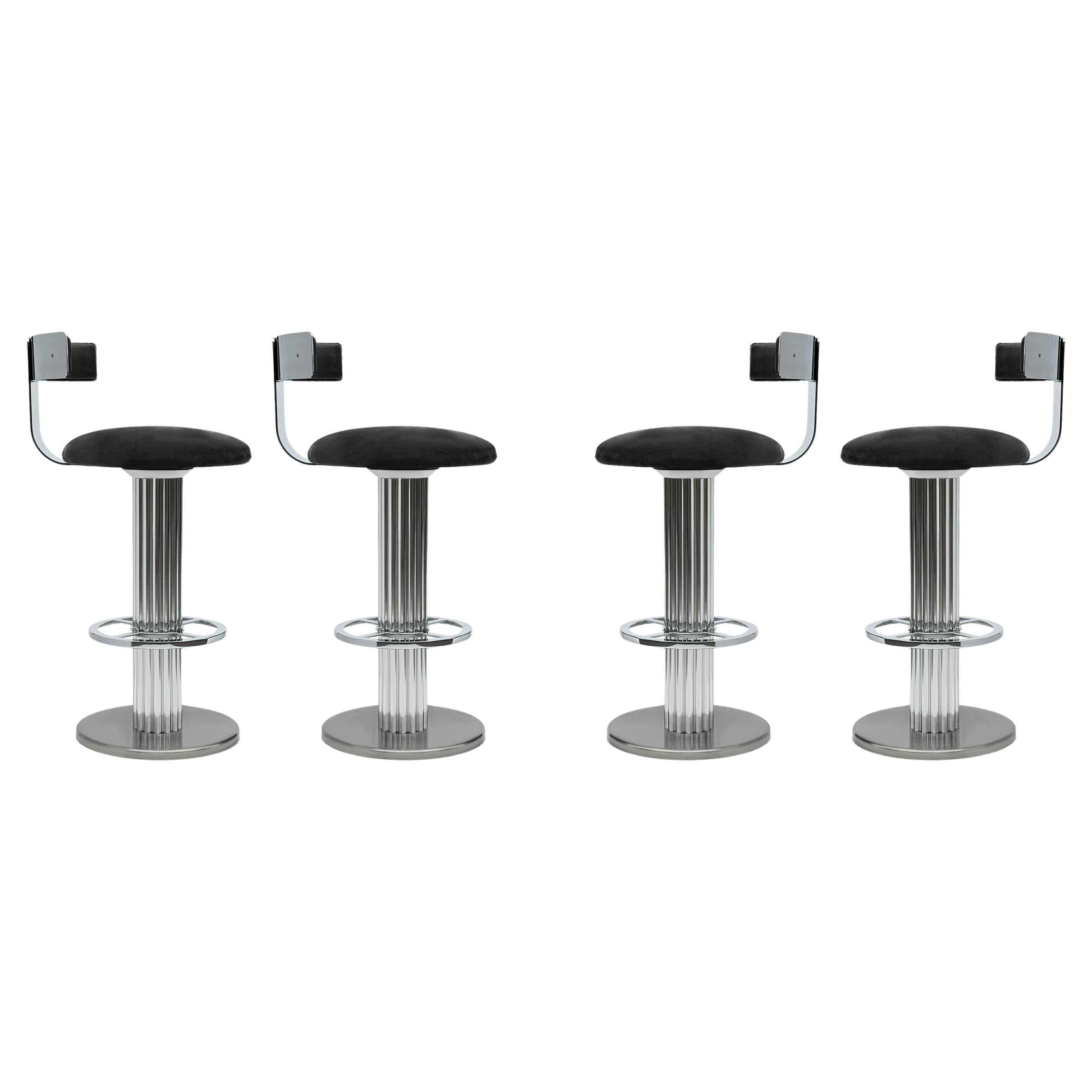 Set of 4 Mid-Century Modern Bar Stools in Chrome & Grey by Design For Leisure For Sale