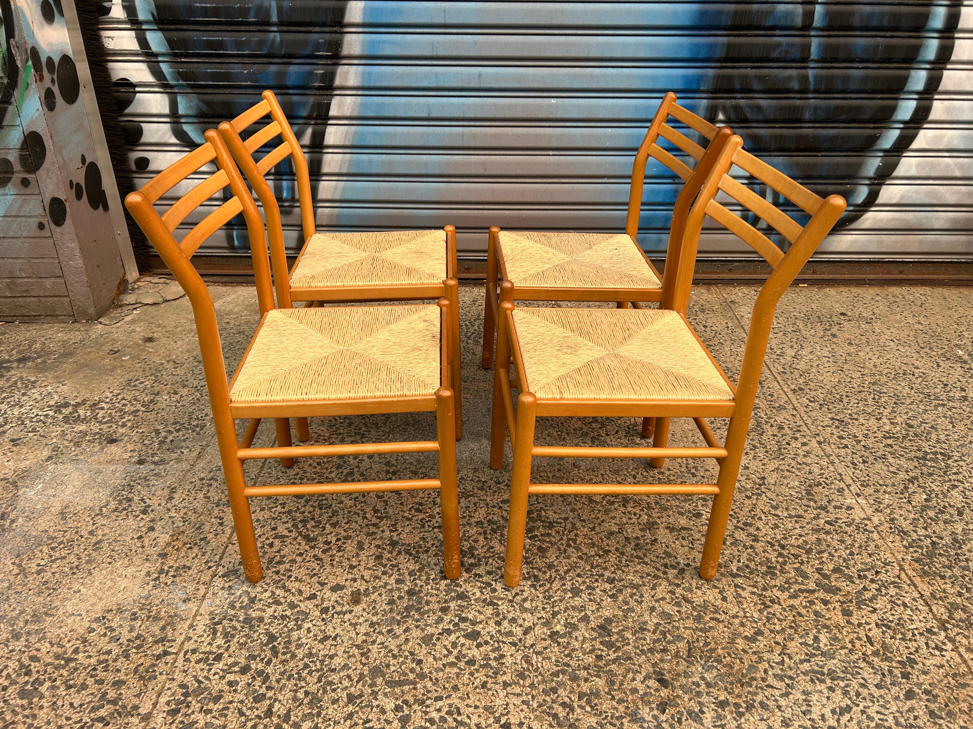 Danish Set of 4 Mid-Century Modern Birch Rush Dining Chairs