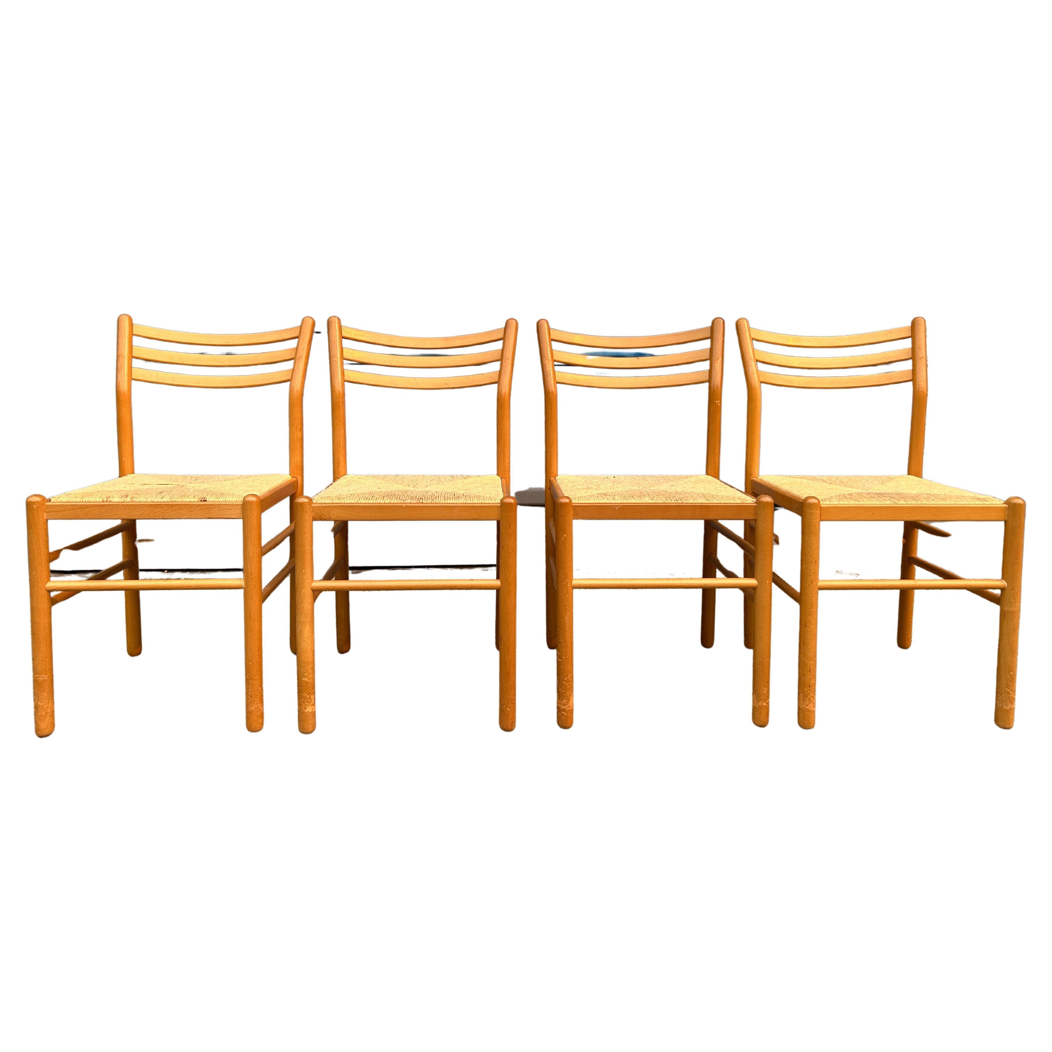 Set of 4 Mid-Century Modern Birch Rush Dining Chairs
