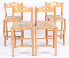 Set of 4 Mid-Century Modern Birch Rush Papercord Bar Stools, Italy