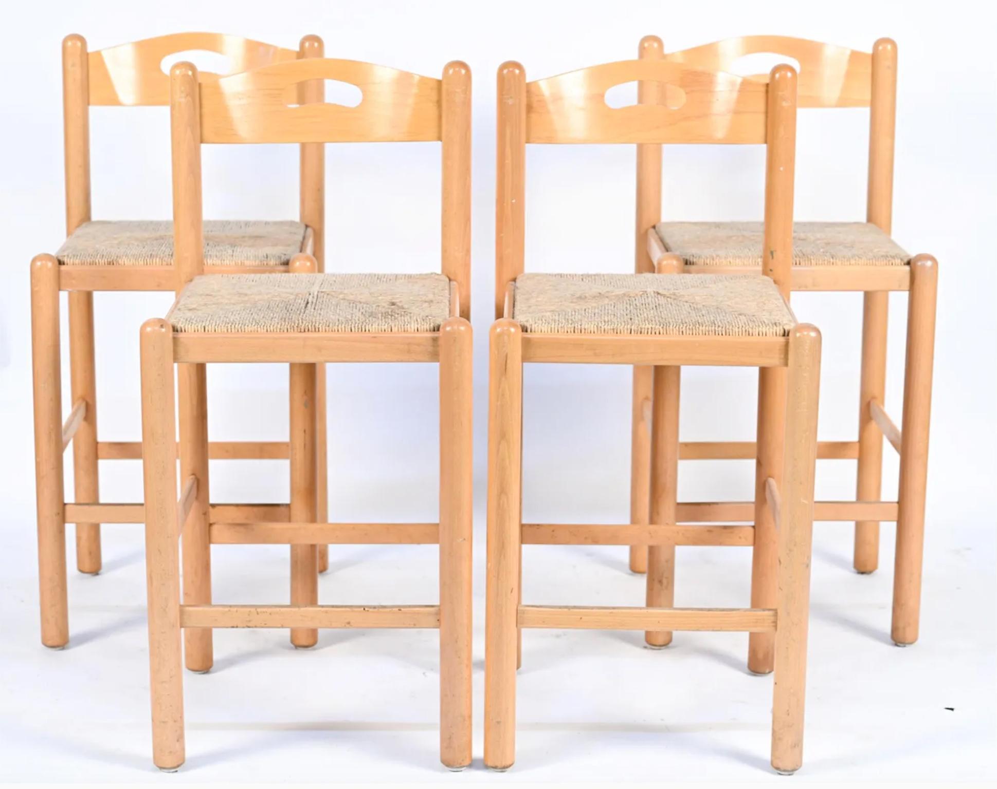 Italian Set of 4 Mid-Century Modern Birch Rush Papercord Bar Stools, Italy For Sale