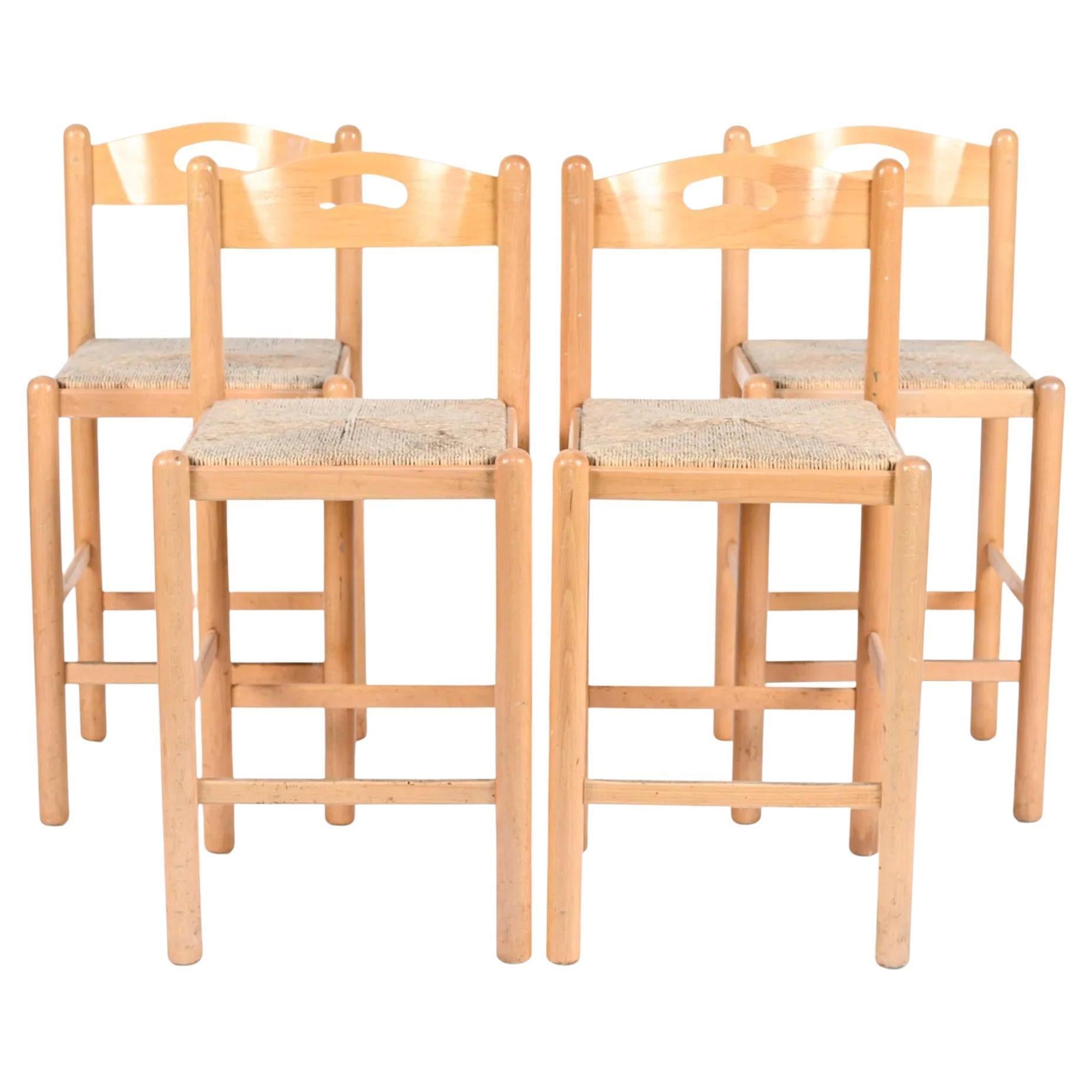 Set of 4 Mid-Century Modern Birch Rush Papercord Bar Stools, Italy
