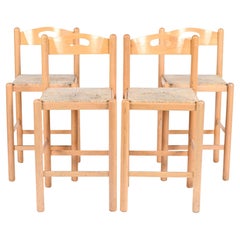 Vintage Set of 4 Mid-Century Modern Birch Rush Papercord Bar Stools, Italy