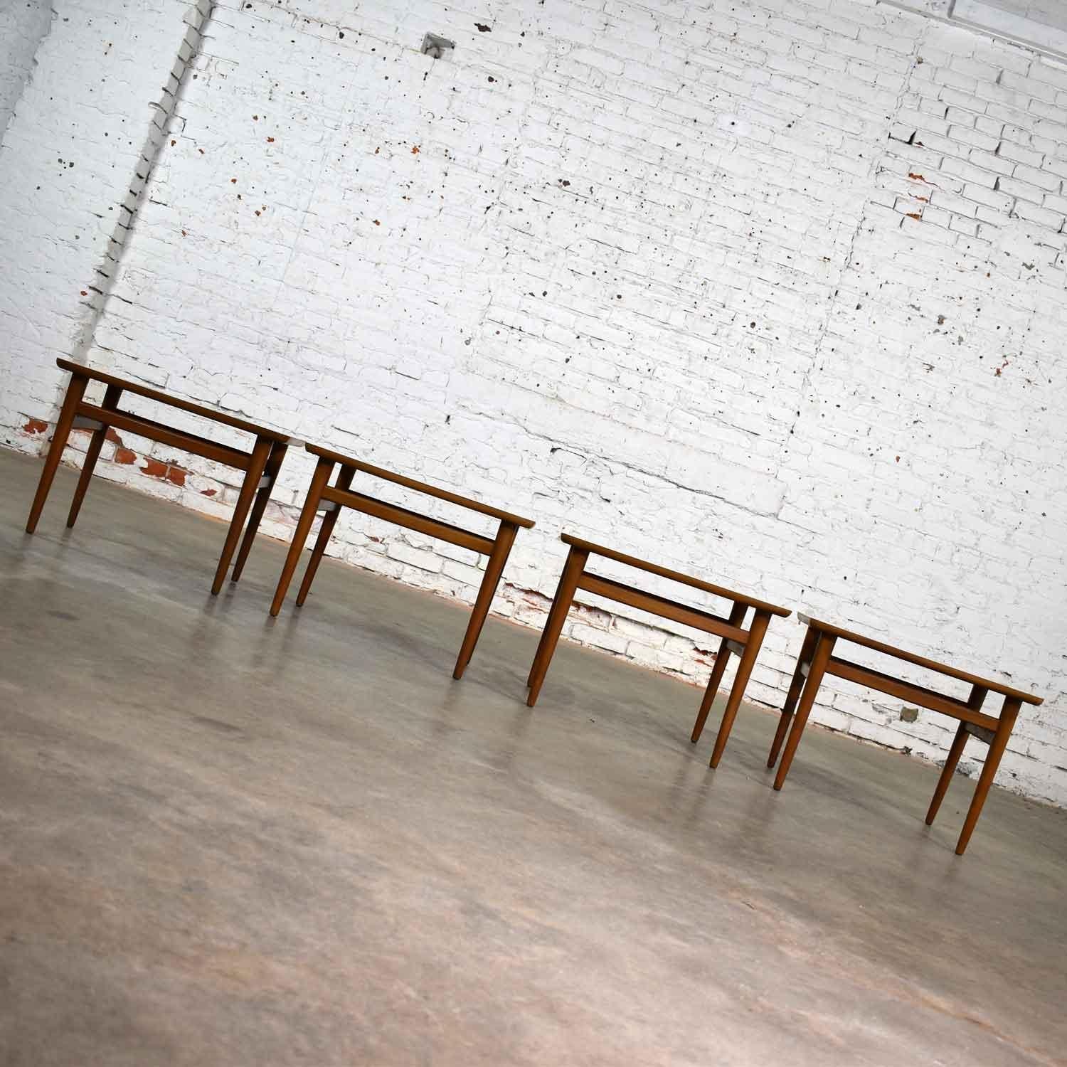 Set of 4 Mid-Century Modern Birch Side Tables with White Laminate Tops & Tapered 5
