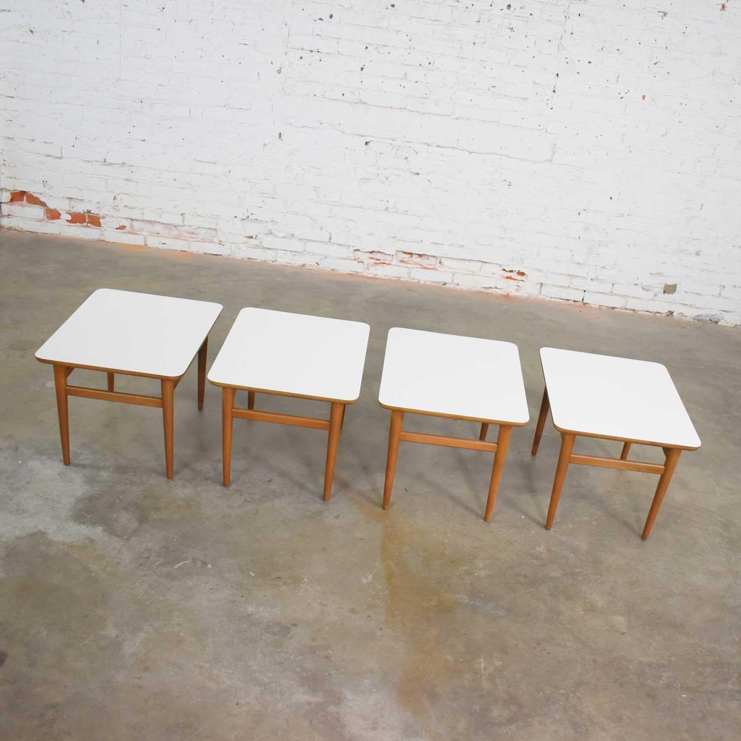 Set of 4 Mid-Century Modern Birch Side Tables with White Laminate Tops & Tapered 6