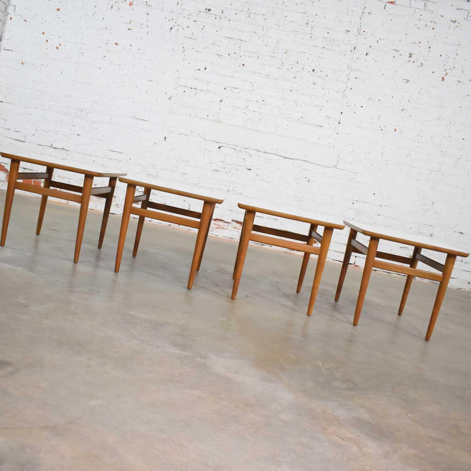 Set of 4 Mid-Century Modern Birch Side Tables with White Laminate Tops & Tapered 7