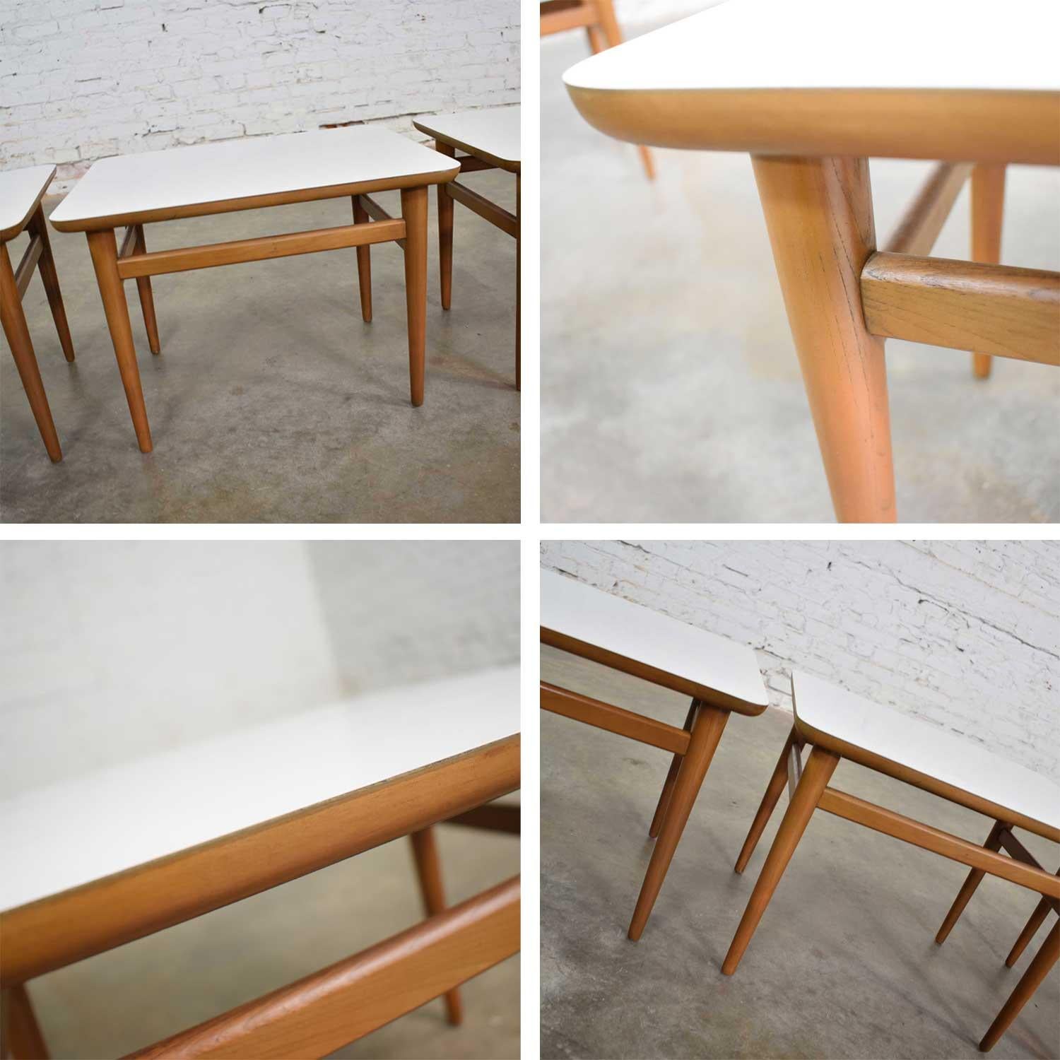 Set of 4 Mid-Century Modern Birch Side Tables with White Laminate Tops & Tapered 9