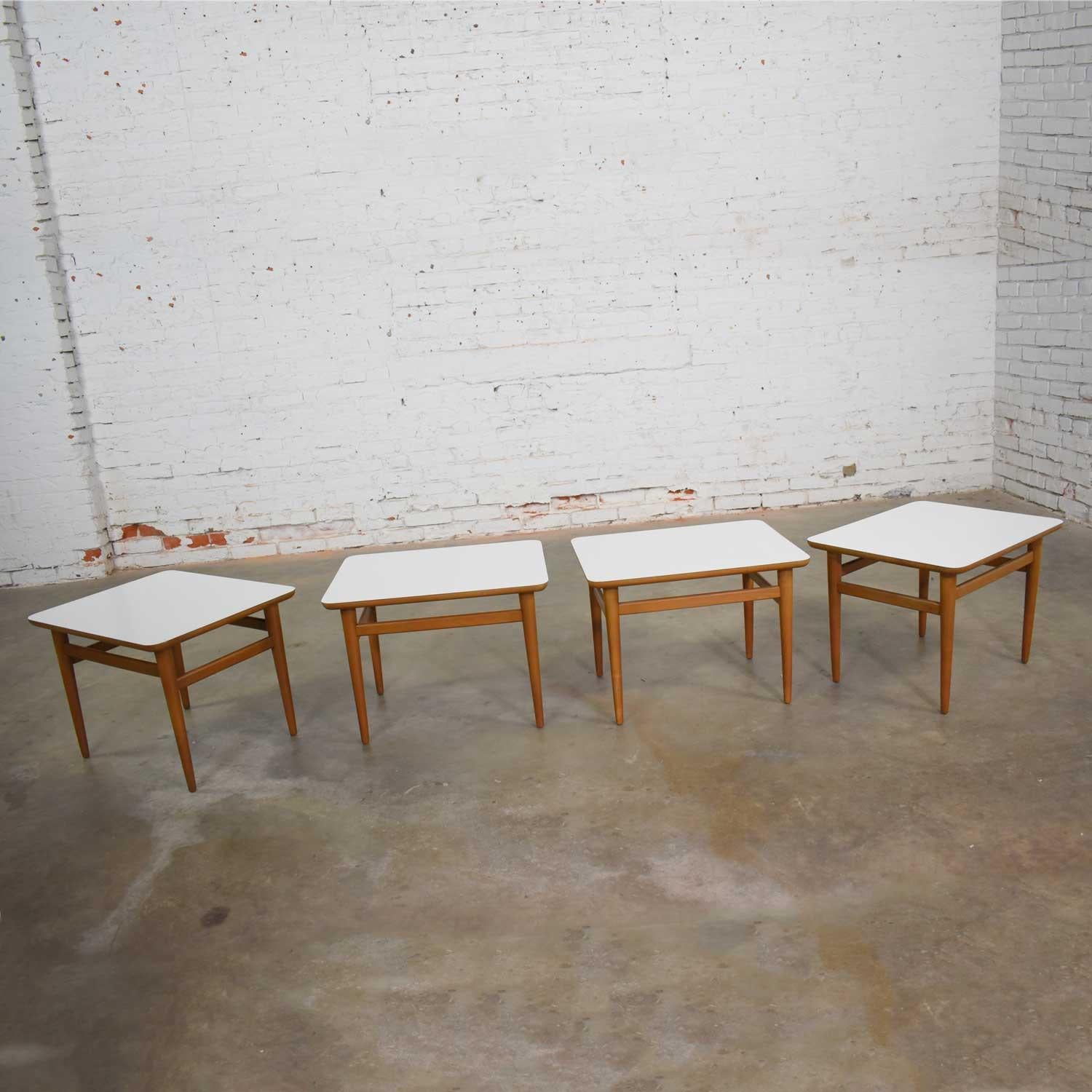 North American Set of 4 Mid-Century Modern Birch Side Tables with White Laminate Tops & Tapered