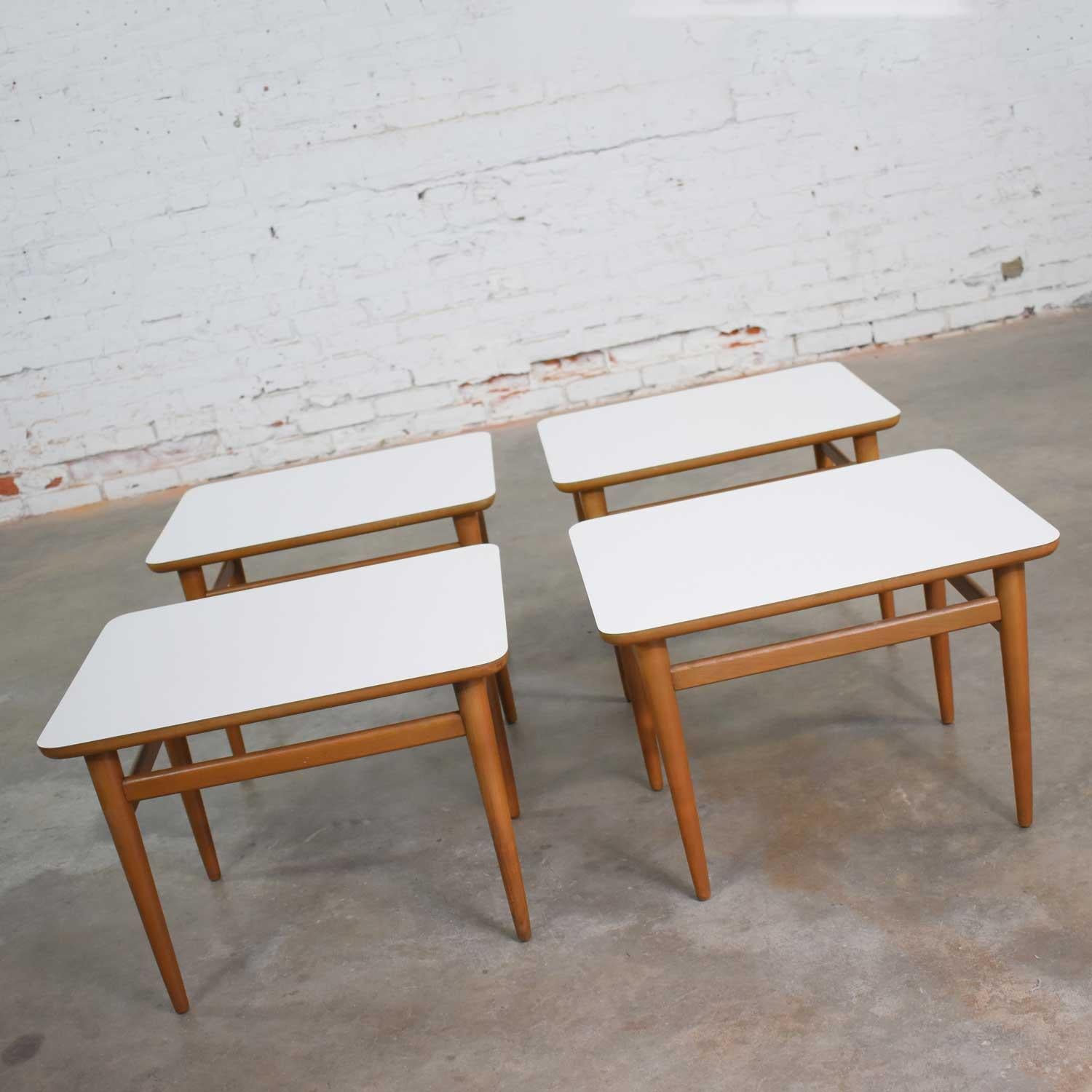Set of 4 Mid-Century Modern Birch Side Tables with White Laminate Tops & Tapered In Good Condition In Topeka, KS