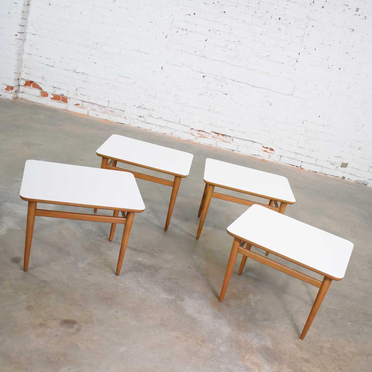 20th Century Set of 4 Mid-Century Modern Birch Side Tables with White Laminate Tops & Tapered