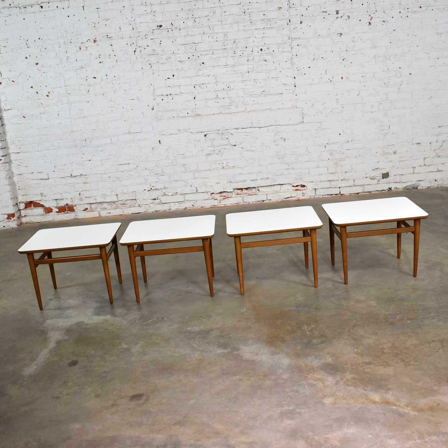 Set of 4 Mid-Century Modern Birch Side Tables with White Laminate Tops & Tapered 2