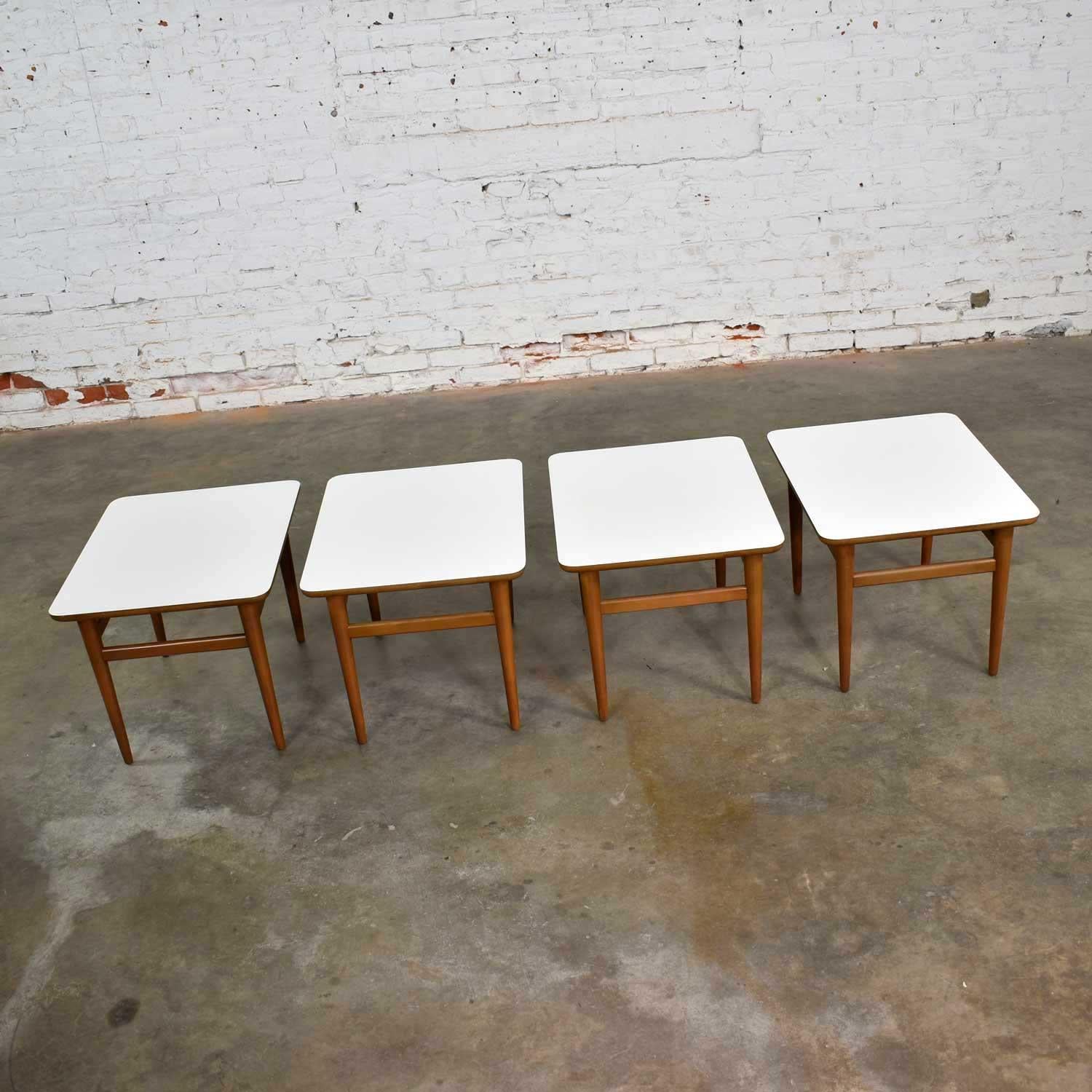 Set of 4 Mid-Century Modern Birch Side Tables with White Laminate Tops & Tapered 3
