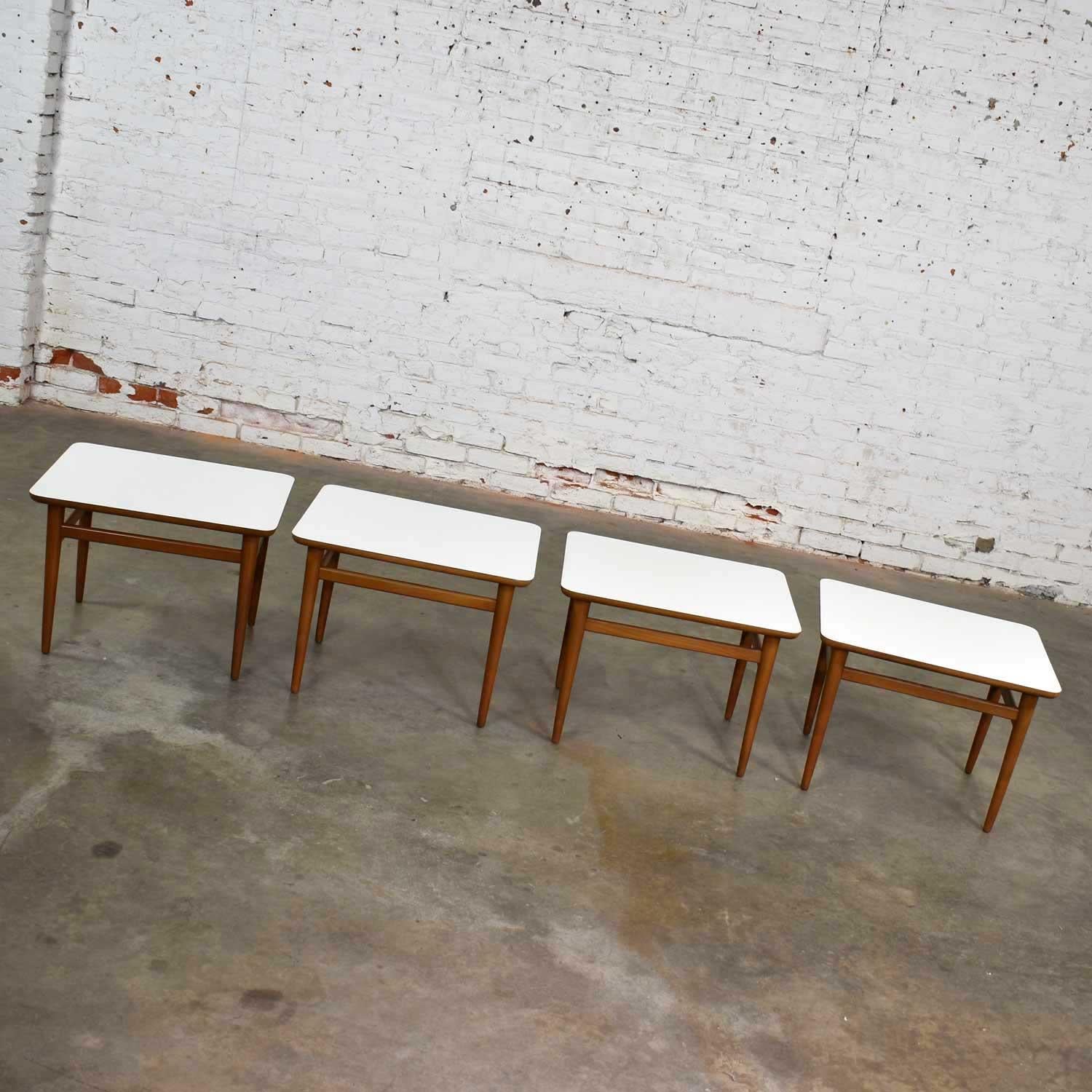Set of 4 Mid-Century Modern Birch Side Tables with White Laminate Tops & Tapered 4