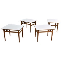 Set of 4 Mid-Century Modern Birch Side Tables with White Laminate Tops & Tapered